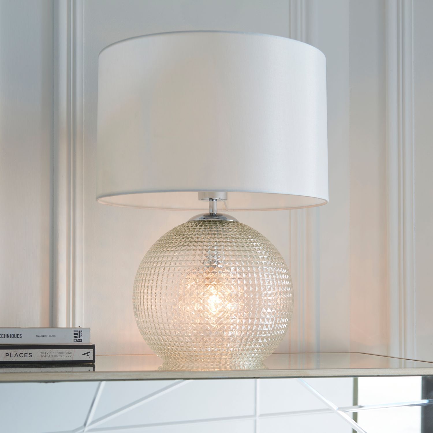 Lampe de table verre cristal tissu base éclairée blanc