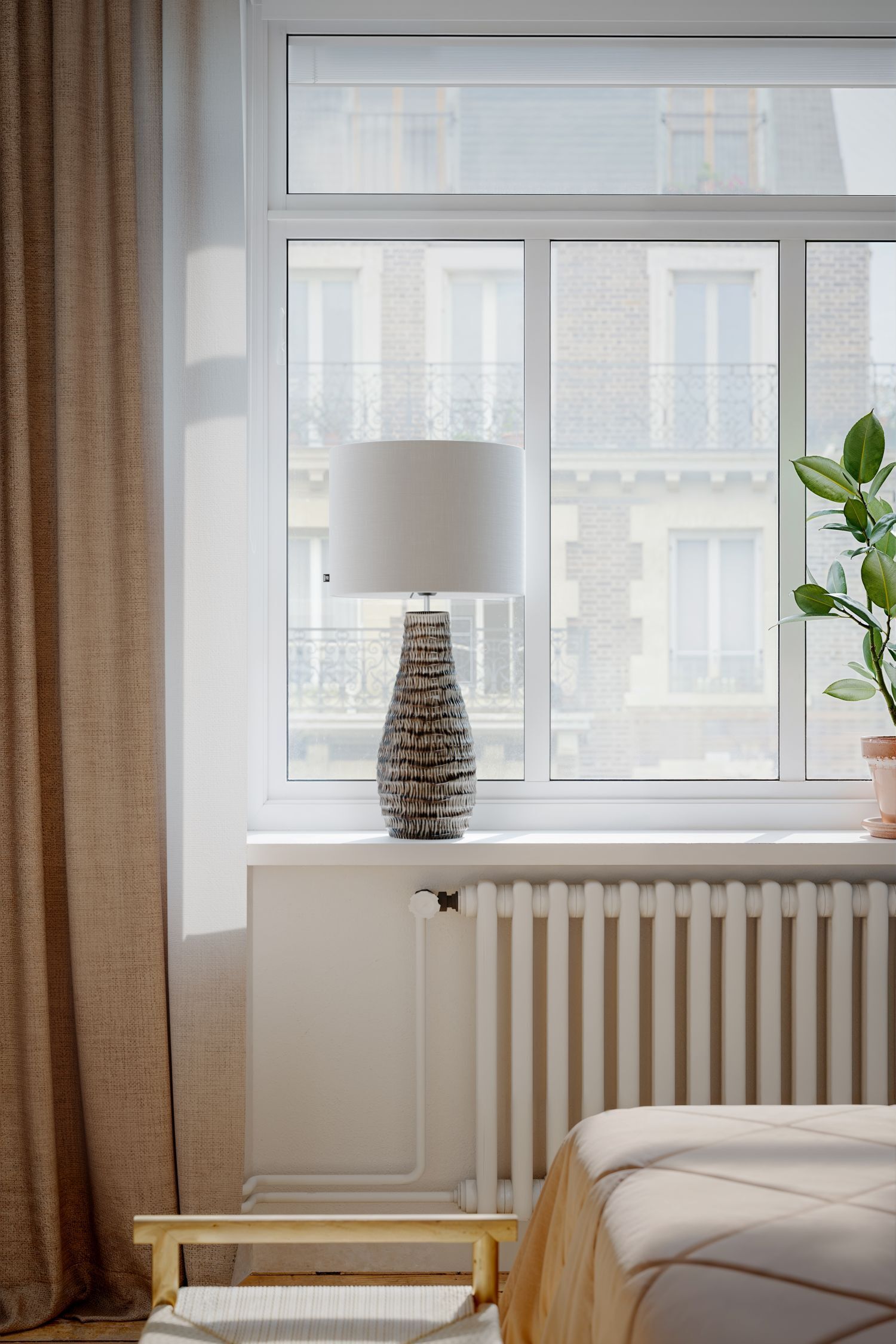 Lampe de chevet tissu céramique 74 cm de haut brun blanc E27 Fenster, Lampe, Fensterbank