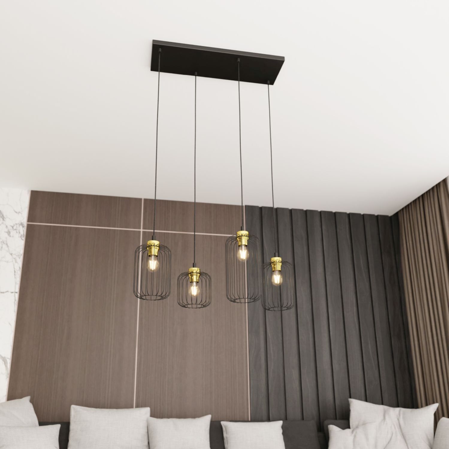 Pendelleuchte Metall E27 70 cm lang Retro Schwarz Gold pendel, hängelampe, drahtkage, industrielles licht, goldene akzente