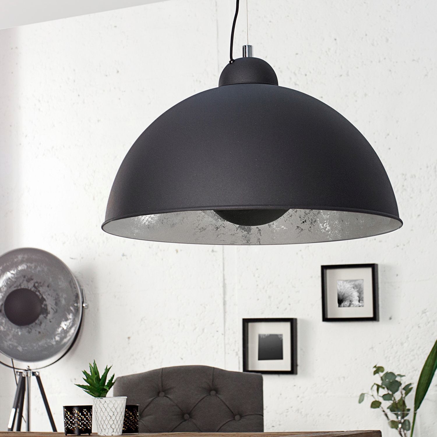 Pendellampe rund Ø55cm Retro Schwarz Silber Lampe