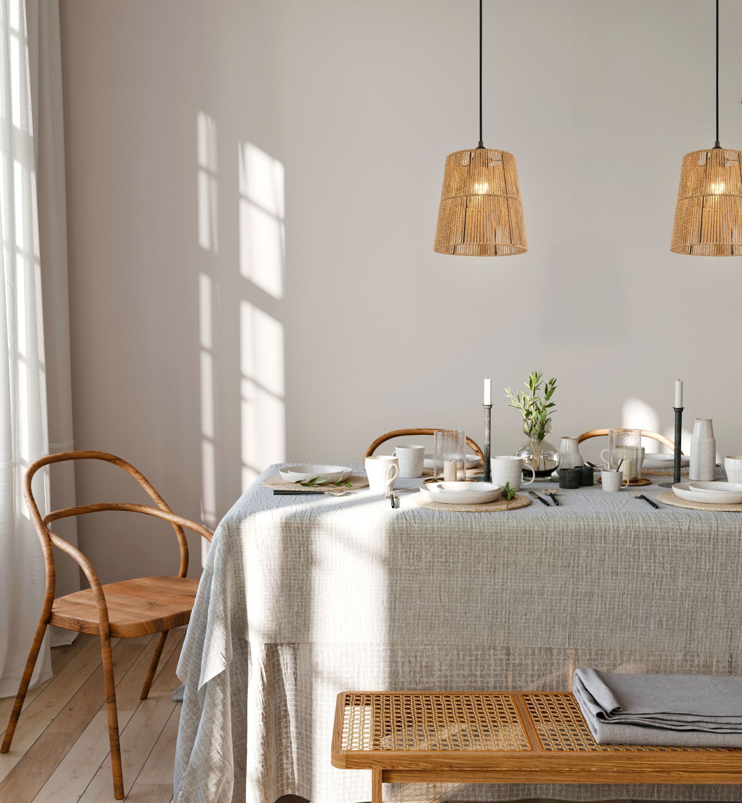 Runde Hängeleuchte Papier Braun E27 Ø24 cm wohnlich Speisesaal, Esstisch, Tisch, Lampe, Tischdecke