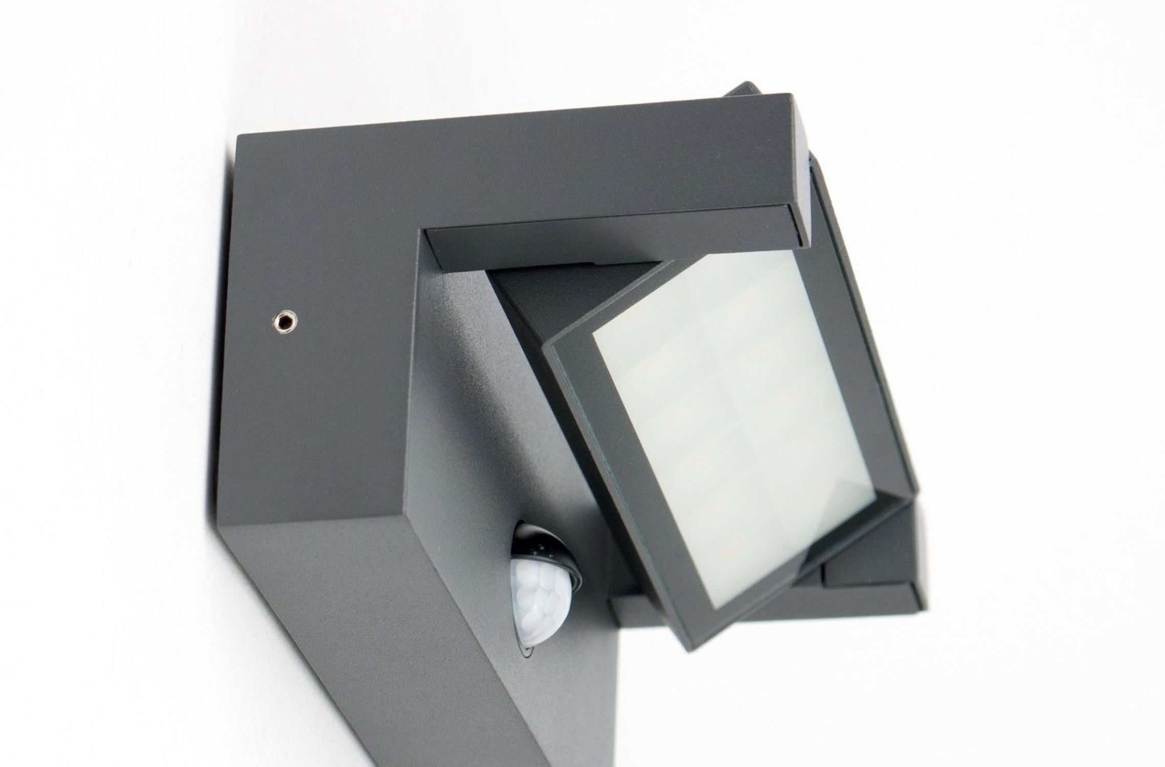Wandleuchte, Außenleuchte, Bewegungsmelder, quadratischer Rahmen, grau Metall