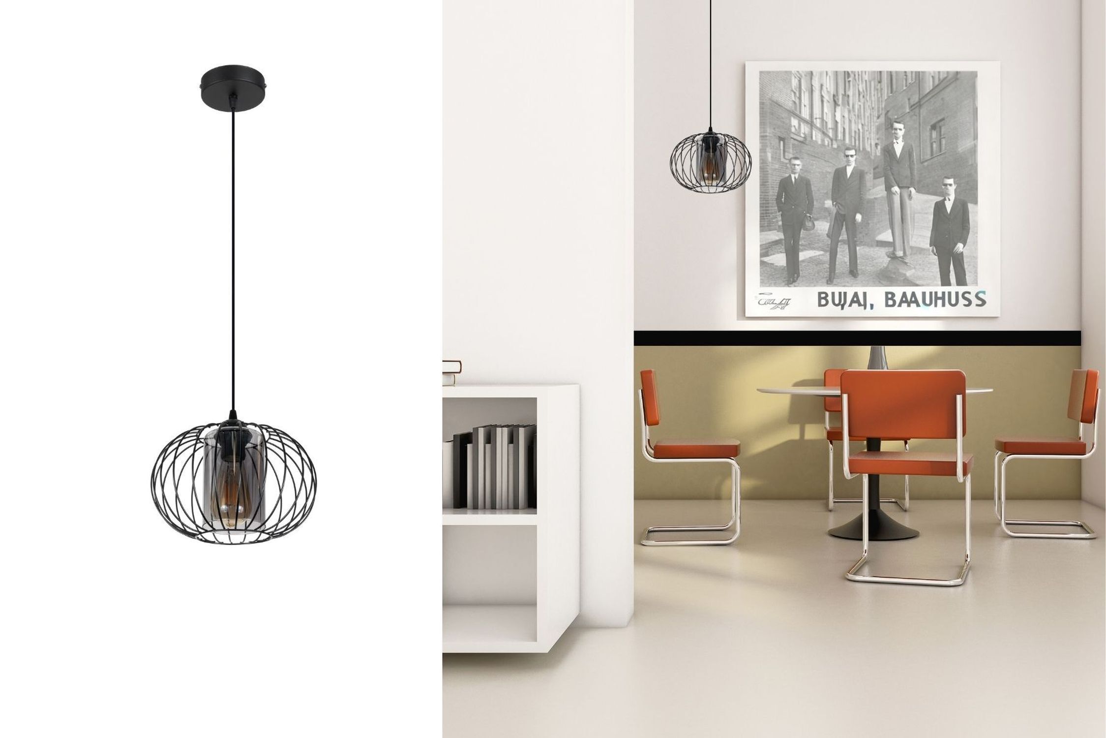 Hängelampe Metall E27 Ø25 cm Schwarz blendarm Retro Pendelleuchte, Drahtrahmen, schwarz, hängende Lampe, Glasfassung