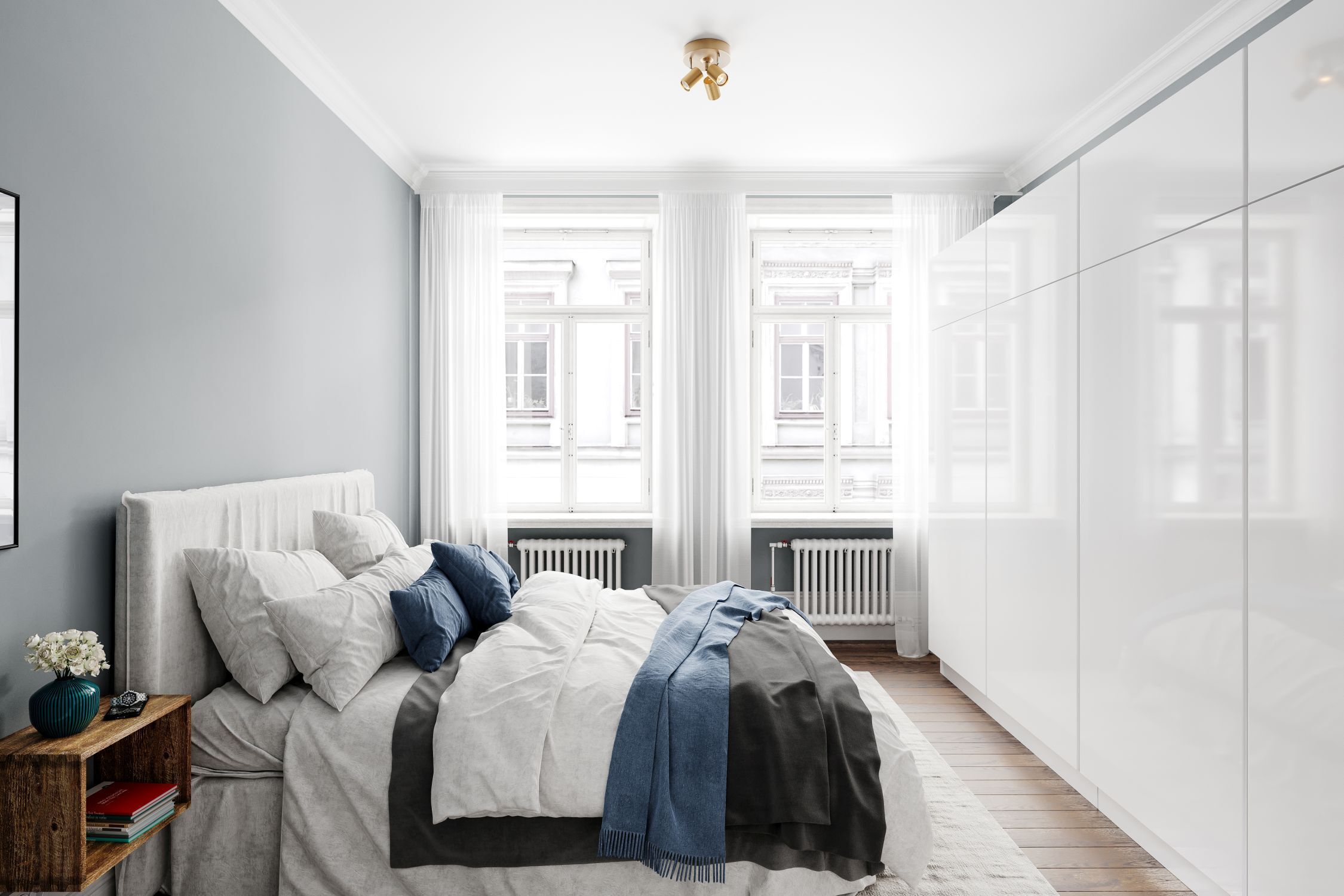 Schlafzimmer, Bett, Bettwäsche, Kasten/Schrank, Vorhänge