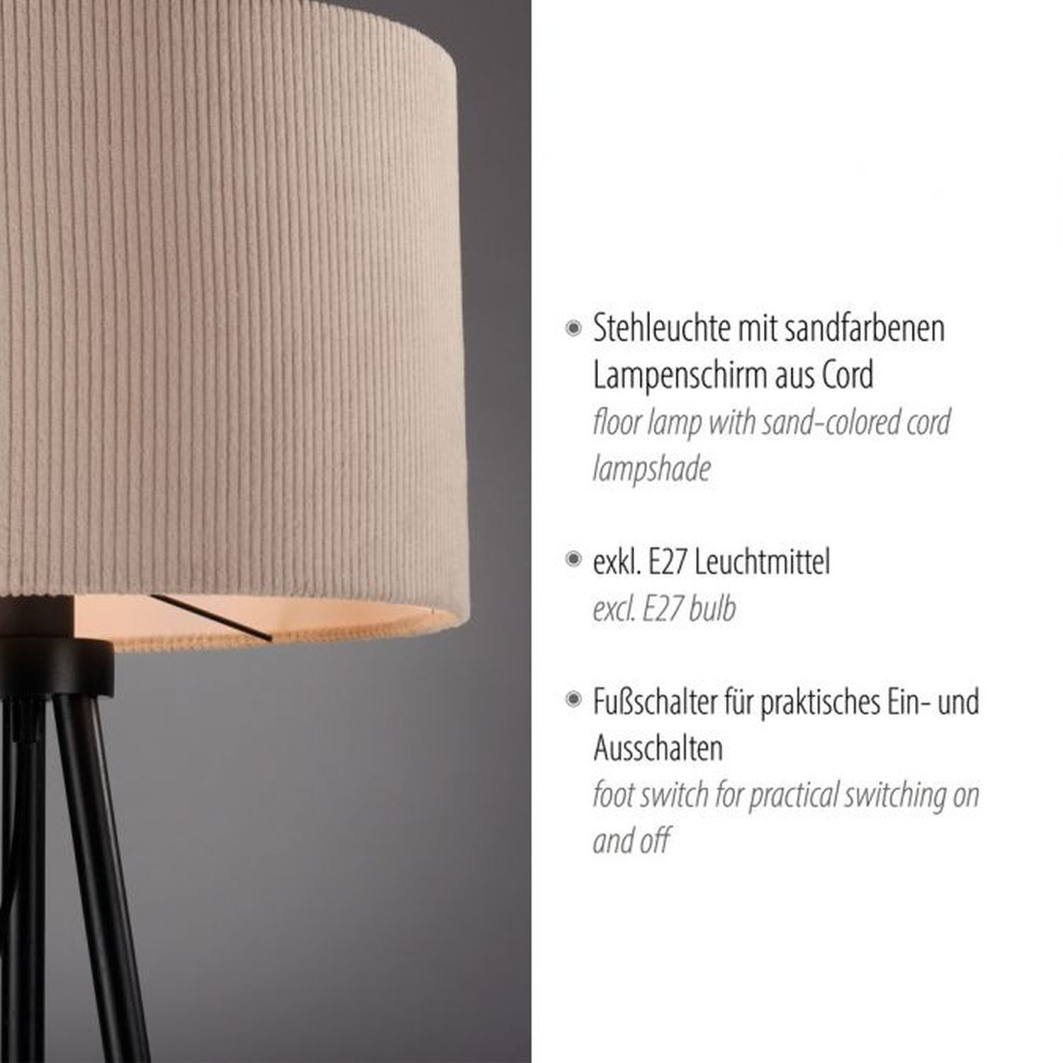 Dreibein Stehleuchte Stoff Beige blendarm E27 160 cm Lampe, Lampenschirm