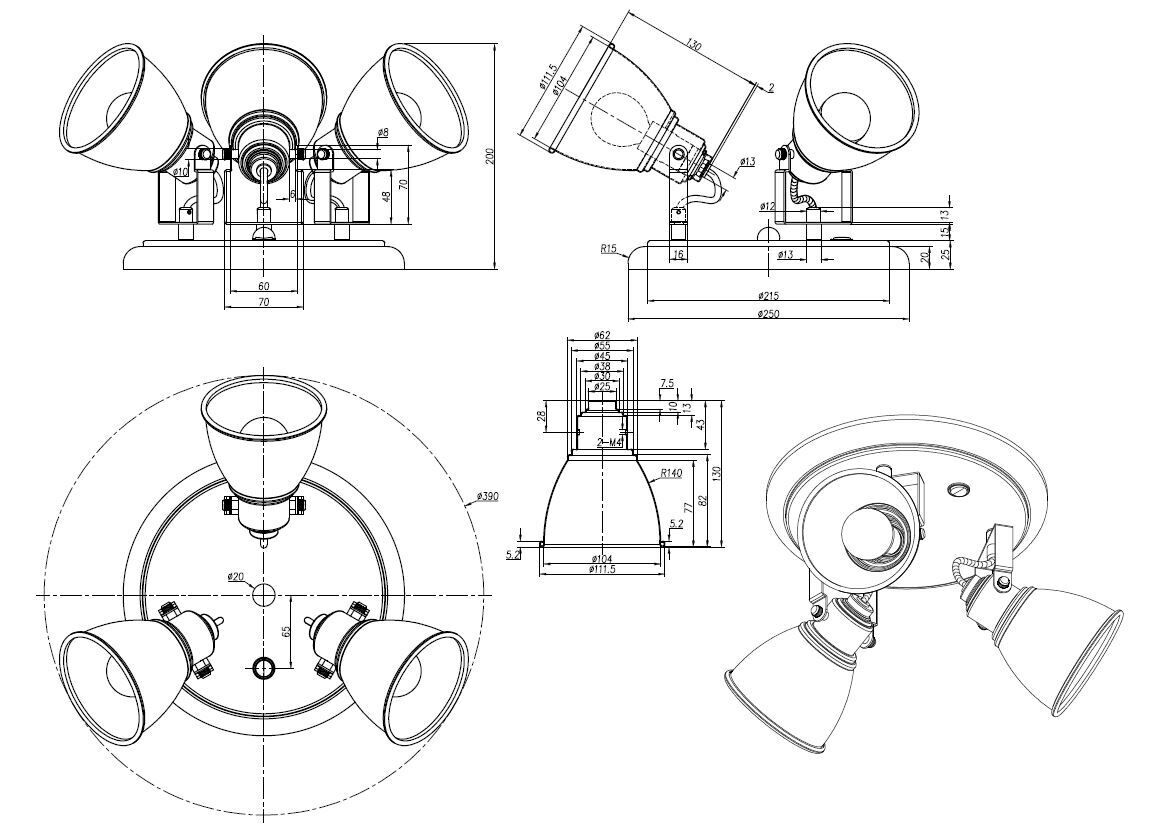 Deckenstrahler Metall 3-flammig in Messing rund CAD-Diagramm, Diagramm