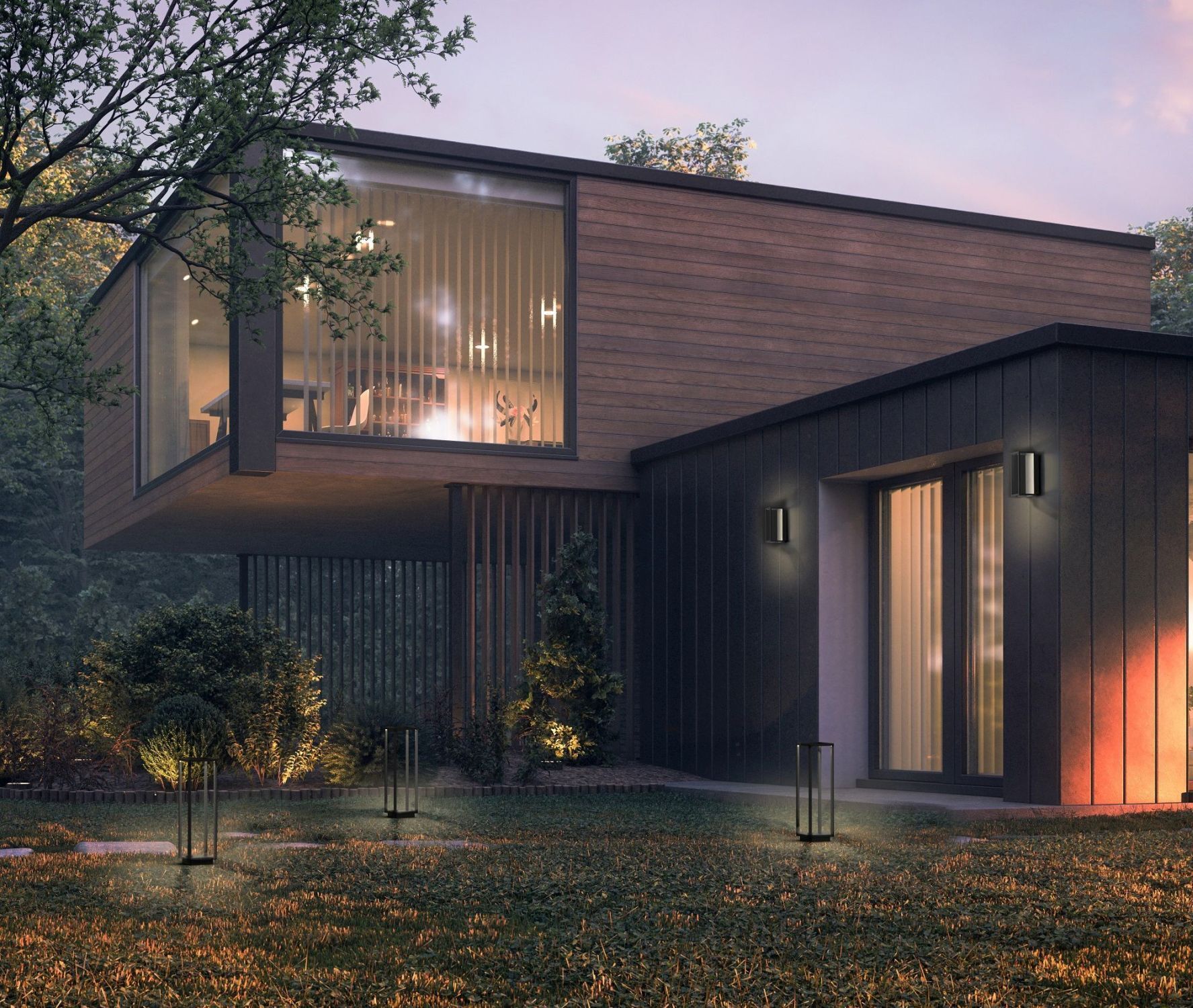 modernes Haus, Glass Fenster, Holzverkleidung, Gartenbeleuchtung, Außenbeleuchtung