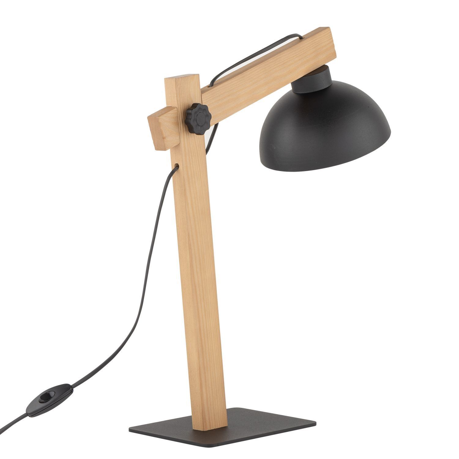 Tischlampe, Schreibtischlampe, Holzgestell, Schwarz, Klemm-Schwenkarm