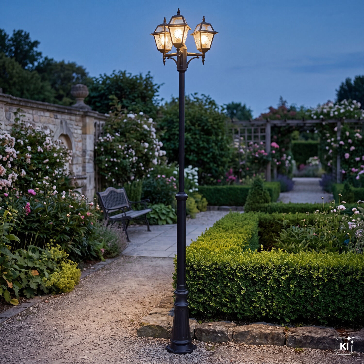 aussen-stehleuchte-wegeleuchte-merksem-3-flammig-schwarz-rustikal-370-2 Laterne, Gartenlaterne, Straßengarten, Beleuchtung, Outdoor