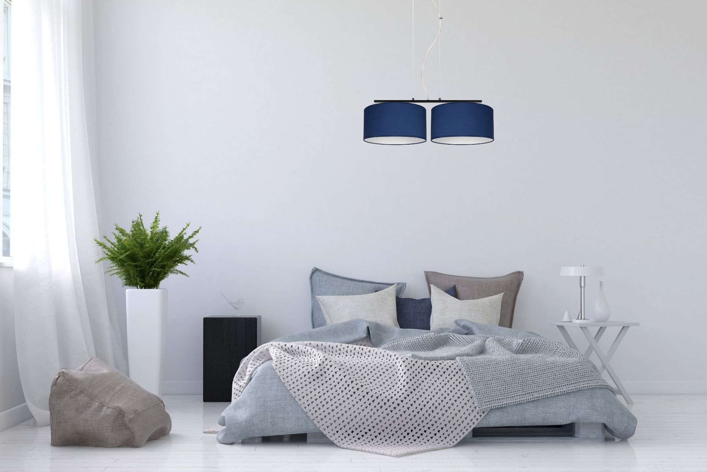 Bett, Bettdecke, Kissen, Lampe, Pflanze