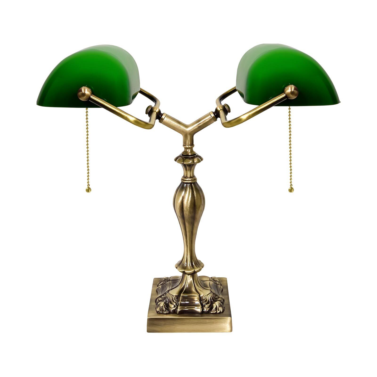 Lampe de banquier 42,5 cm 2 flammes E27 laiton véritable Interrupteur à tirette