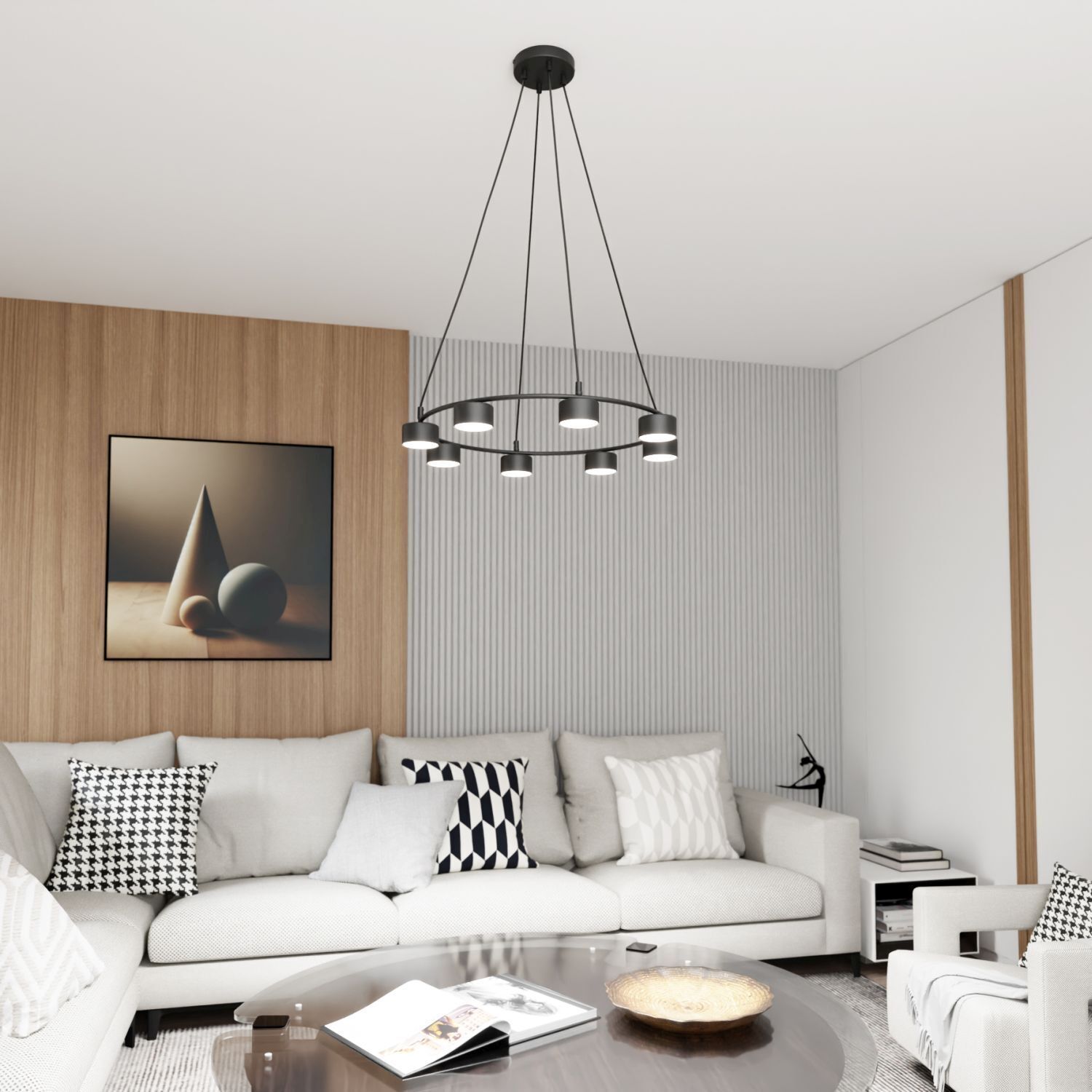 Lampe à suspendre noire à 8 flammes accentuées L:64 cm GX53
