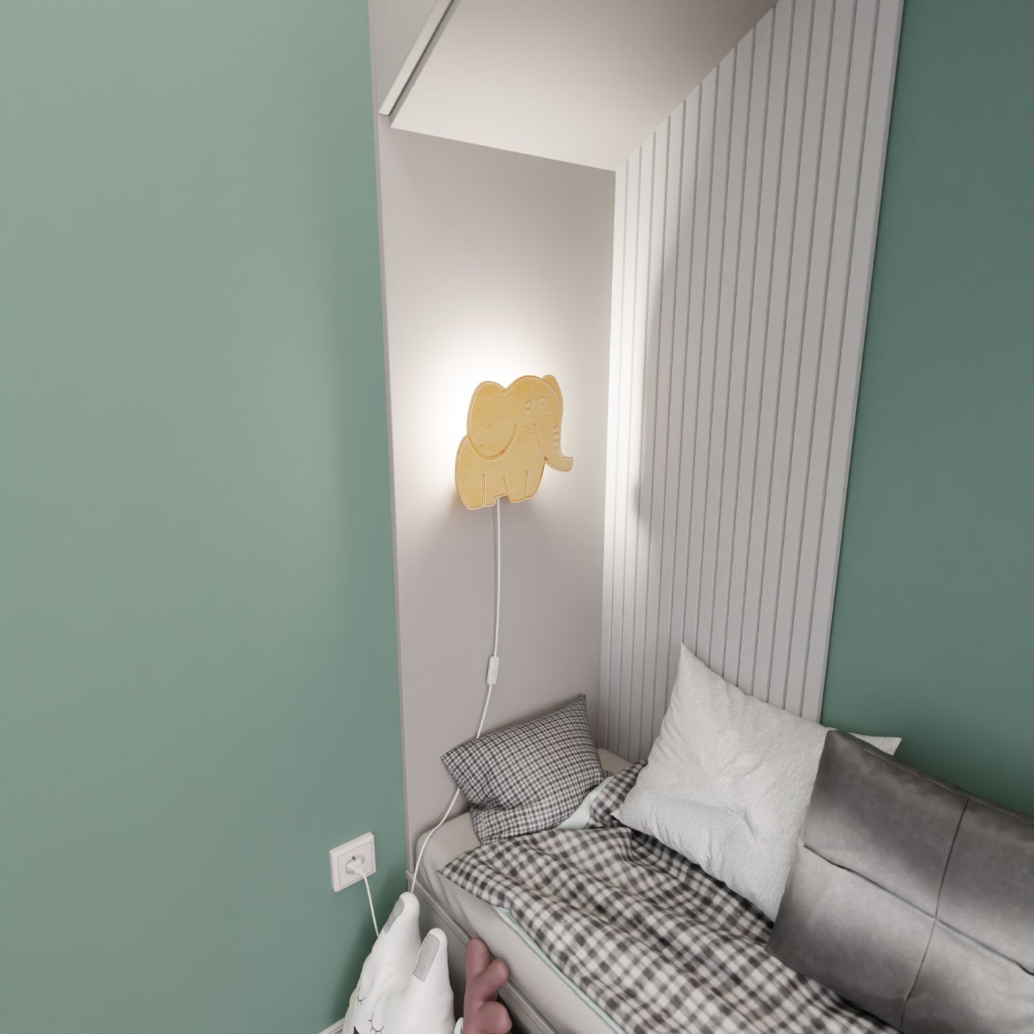 Wandlampe Kinderzimmer Holz mit Stecker Schalter Elefant E14