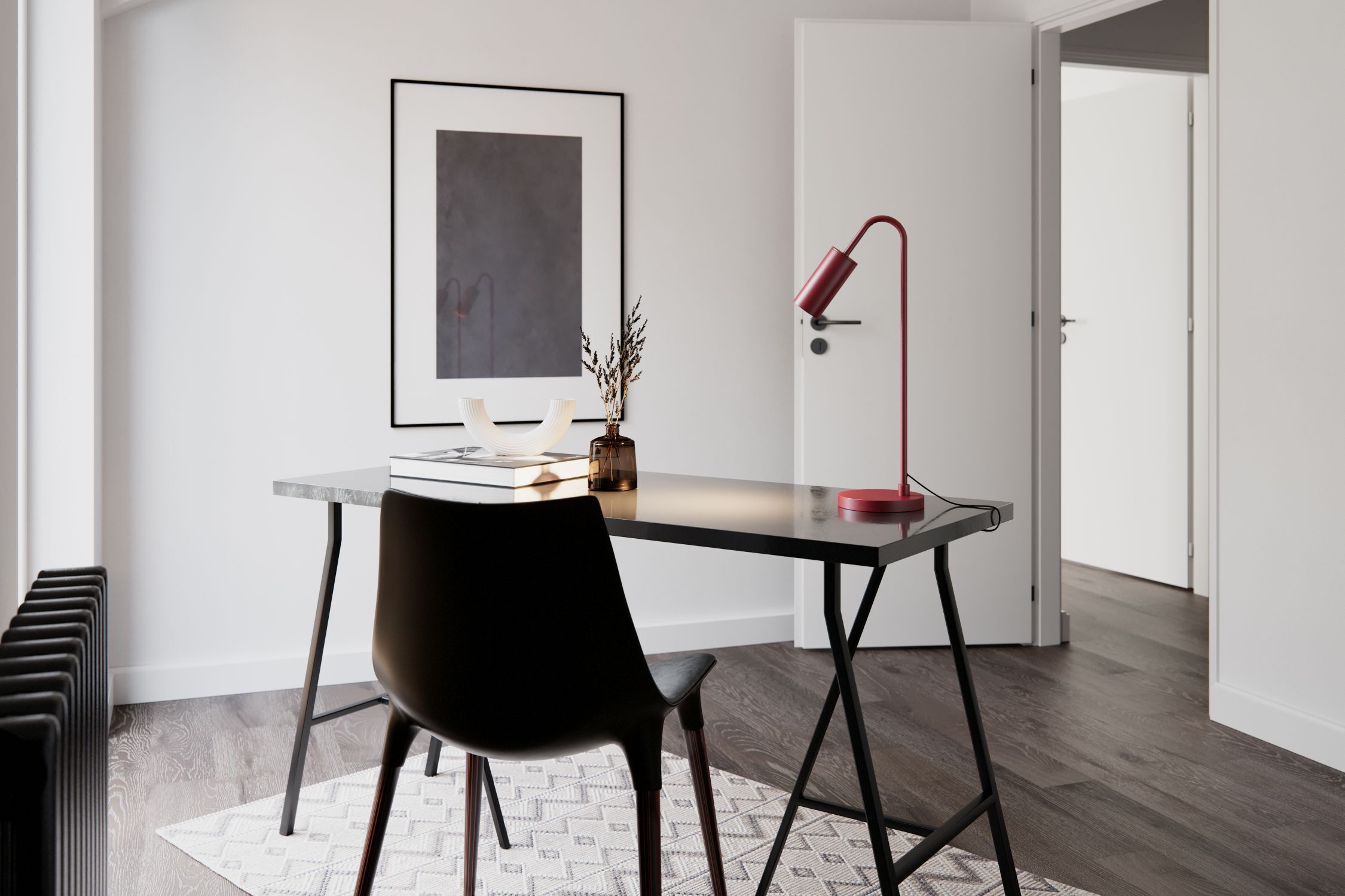 tisch, büro, lampe, stuhl, dekoration