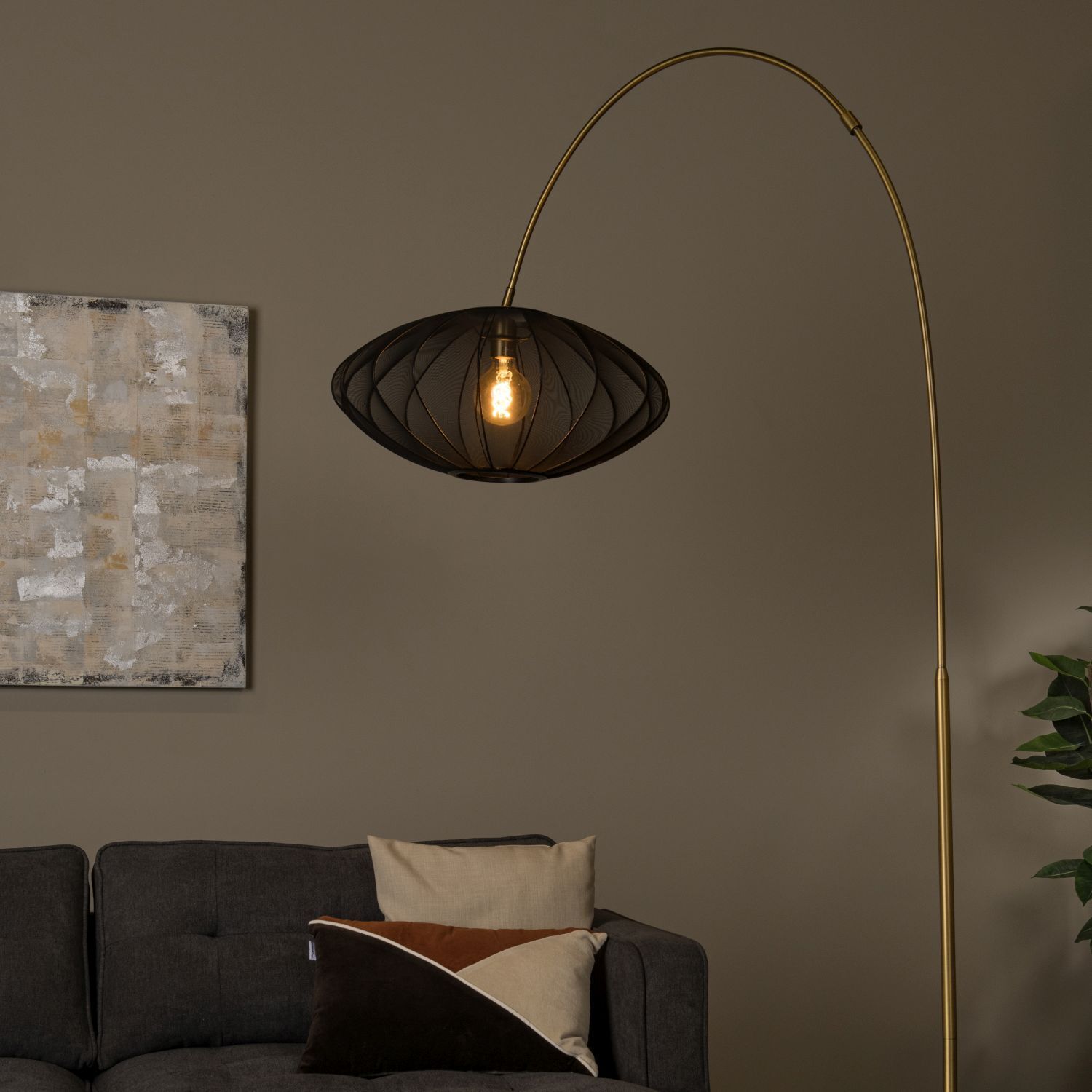 cornal floor lamp, arc floor lamp, brass arc, hanging lampshade, sofa living room
