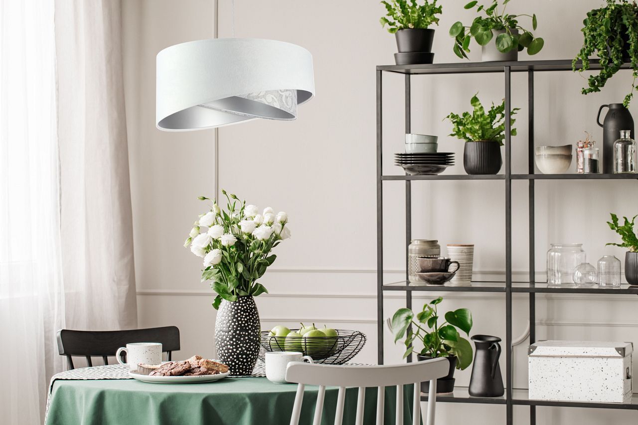 Hängeleuchte Weiß Grau Silber E27 rund D: 50 cm Stoff Lampe, Pflanze, Esstisch, Mobiliar, Tabelle