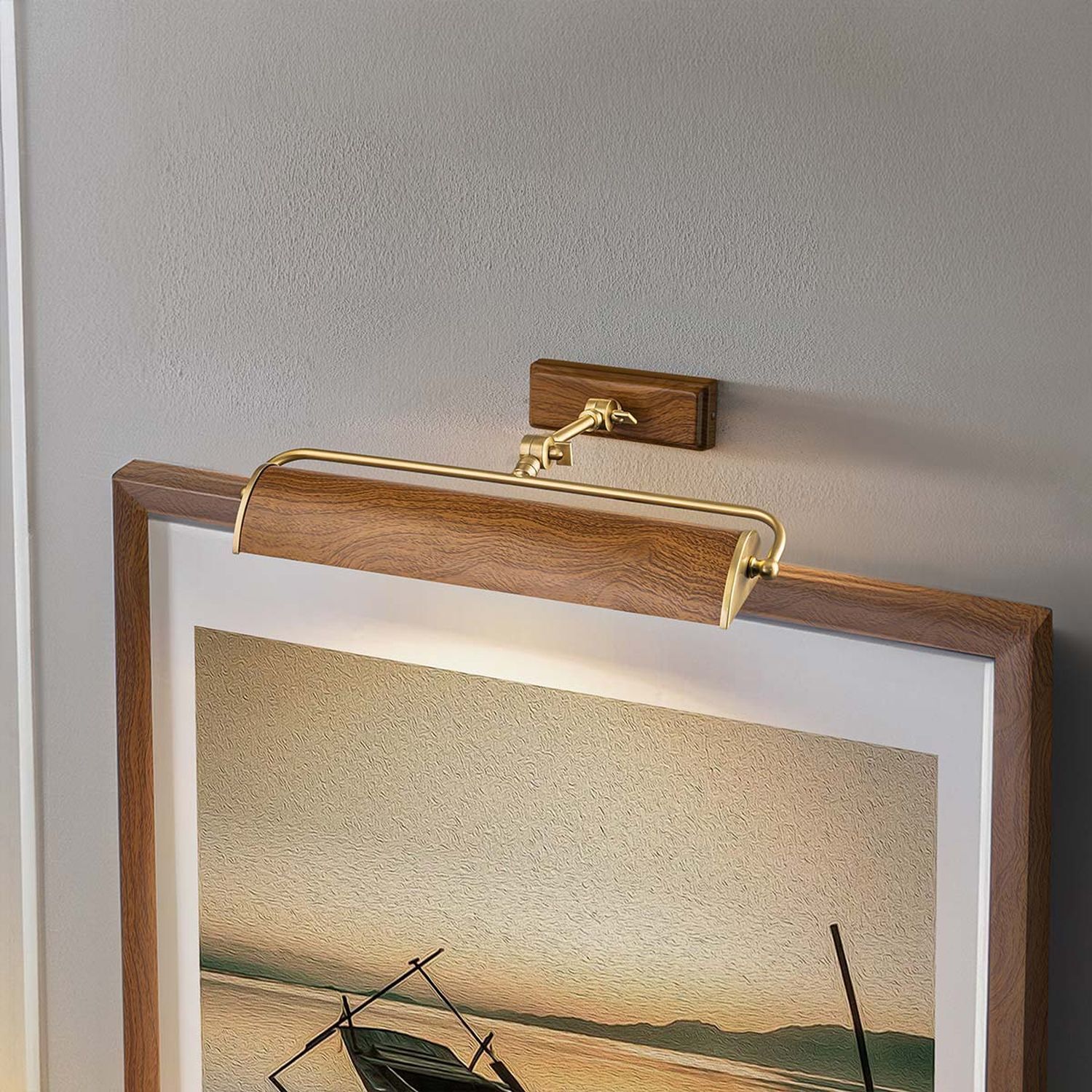 Lampe à tableau métal en chêne laiton antique L : 44,5 cm Vintage Fotorahmen