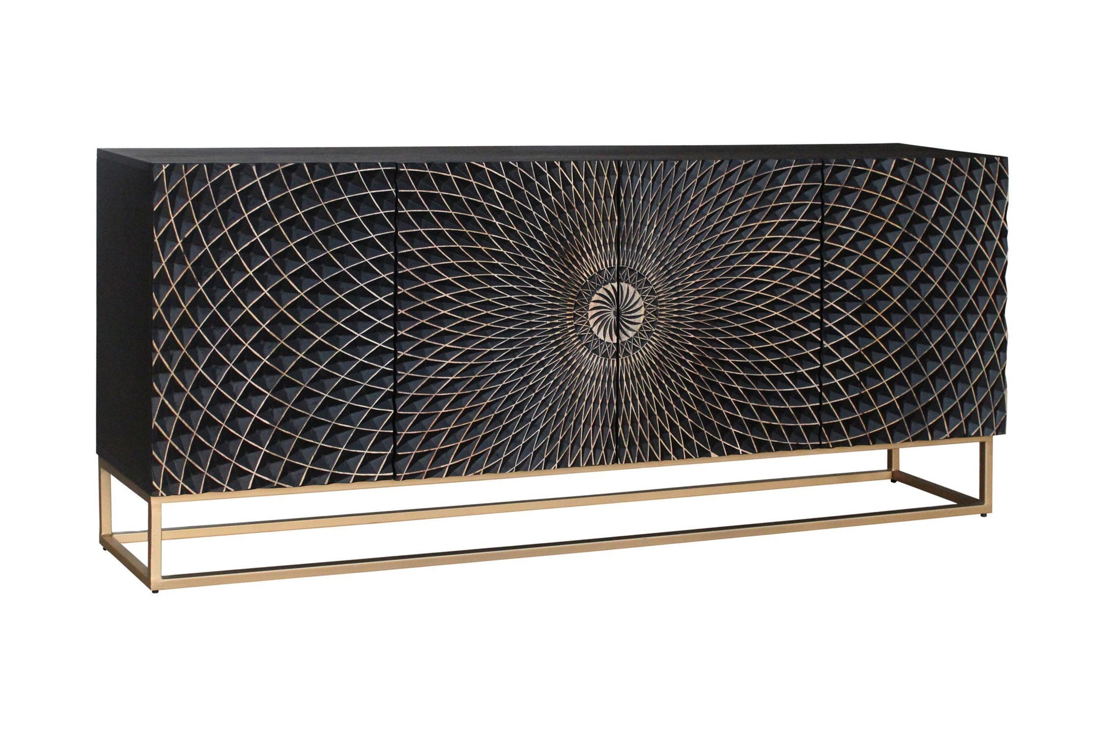 Sideboard Schwarz Gold 177 x 76 cm Ornament Türen Handarbeit Moebel, Anrichte