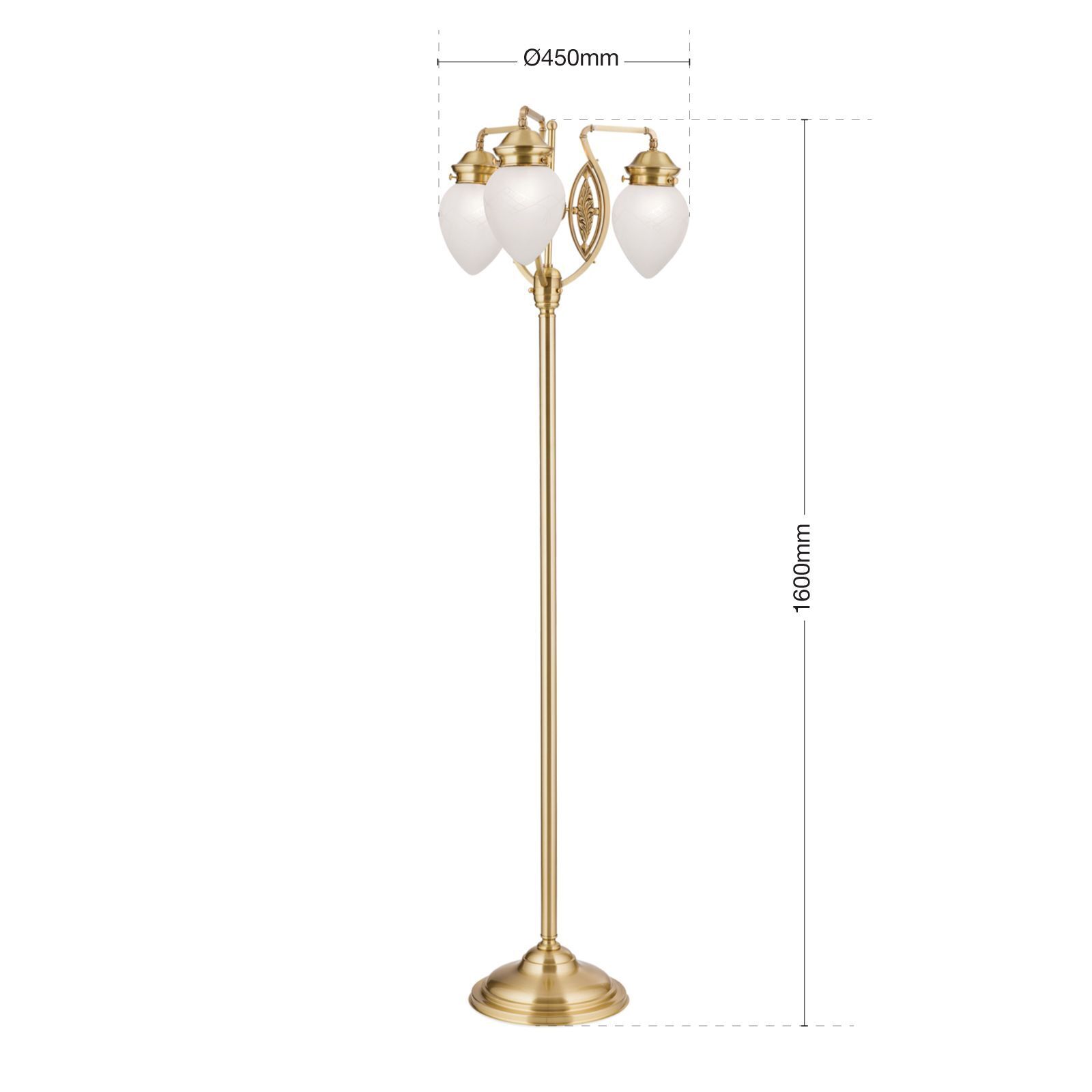 Stehlampe, Goldfarben, Glas-Lampenkopf, 4-Lampen, Standlampe