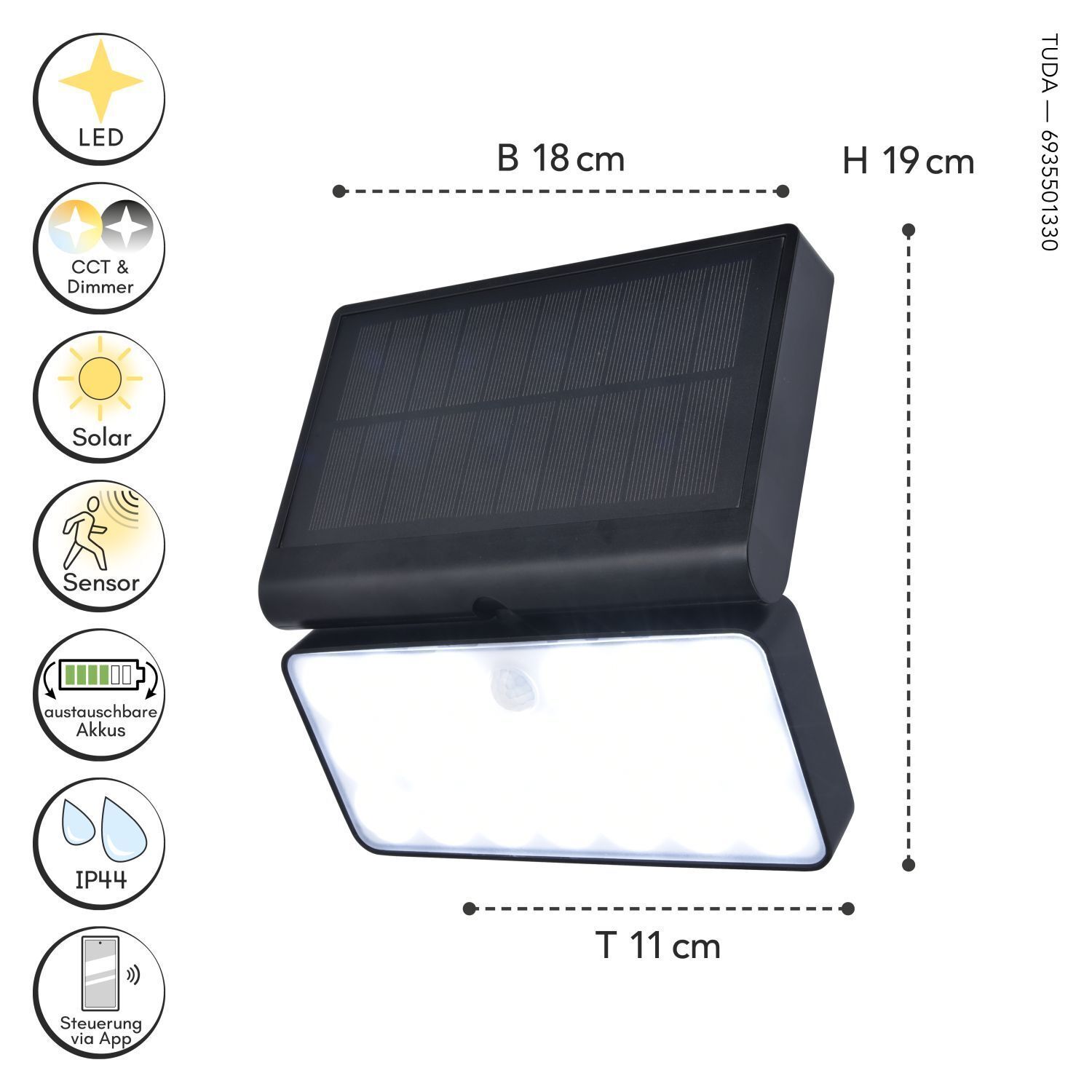 Applique solaire LED à détecteur de mouvement dimmable 8 W IP44