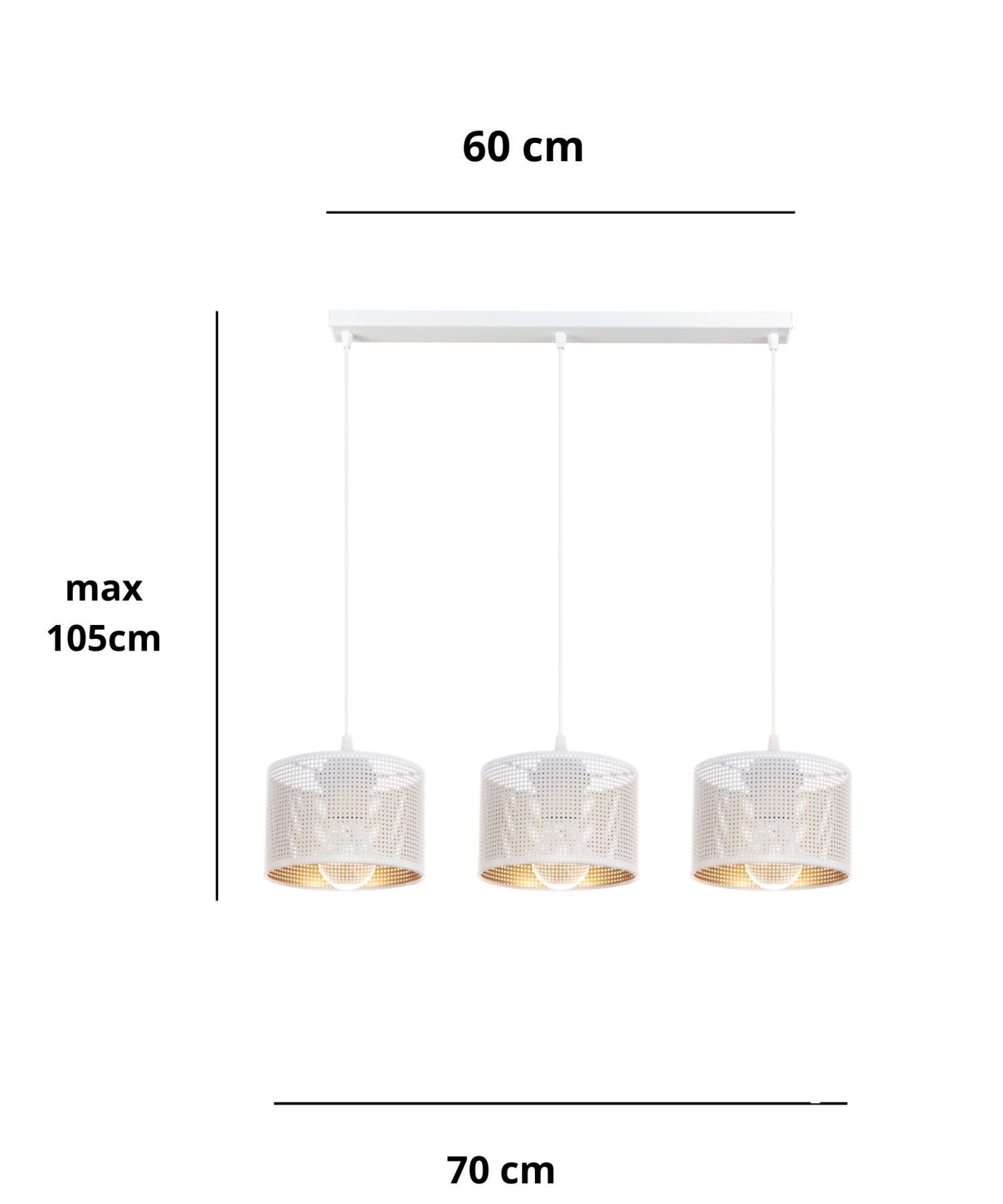 Hängelampe Metall Weiß Gold E27 3-flammig 65 cm lang Pendelleuchte, 3-Licht Pendelleuchte, drei Lampen, hängende Leuchte, Metallschirm