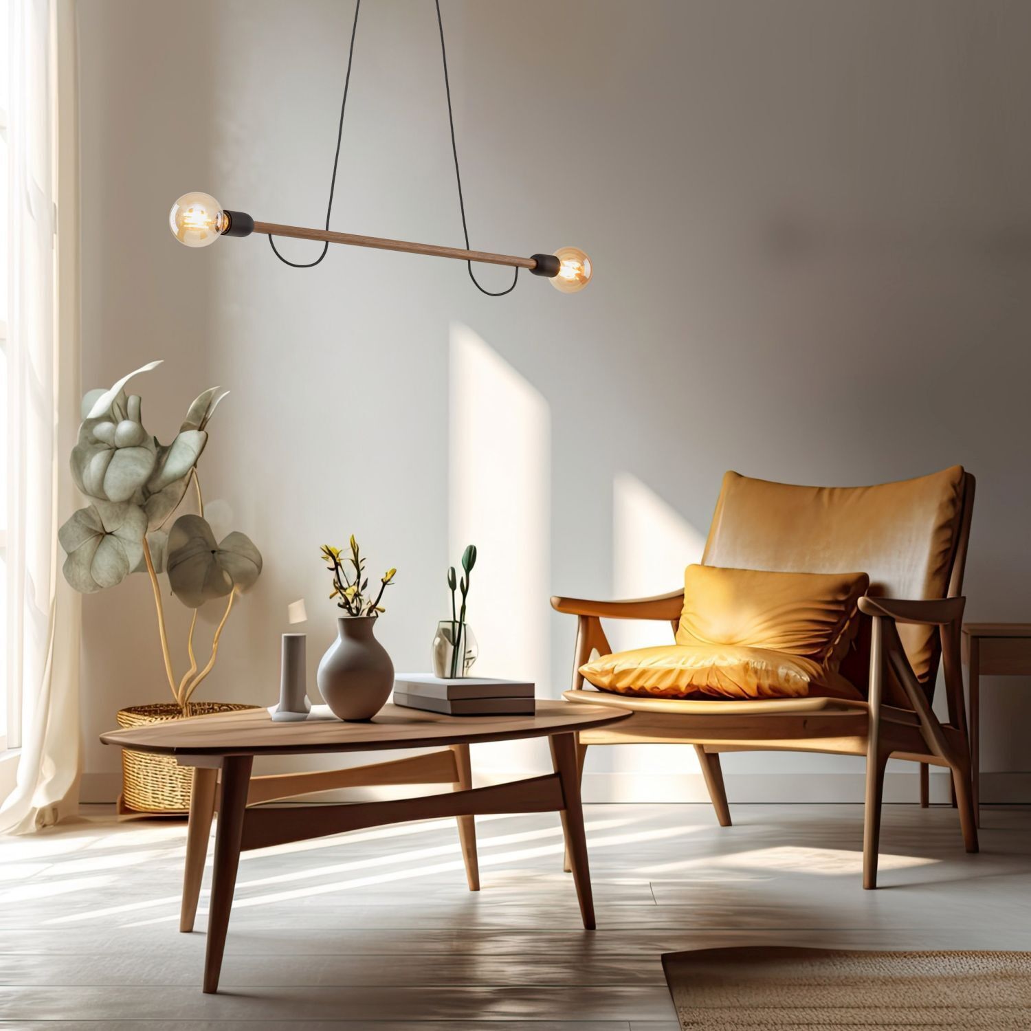 Lampe à suspendre bois métal 93 cm de long H : max. 160 cm 2x E27