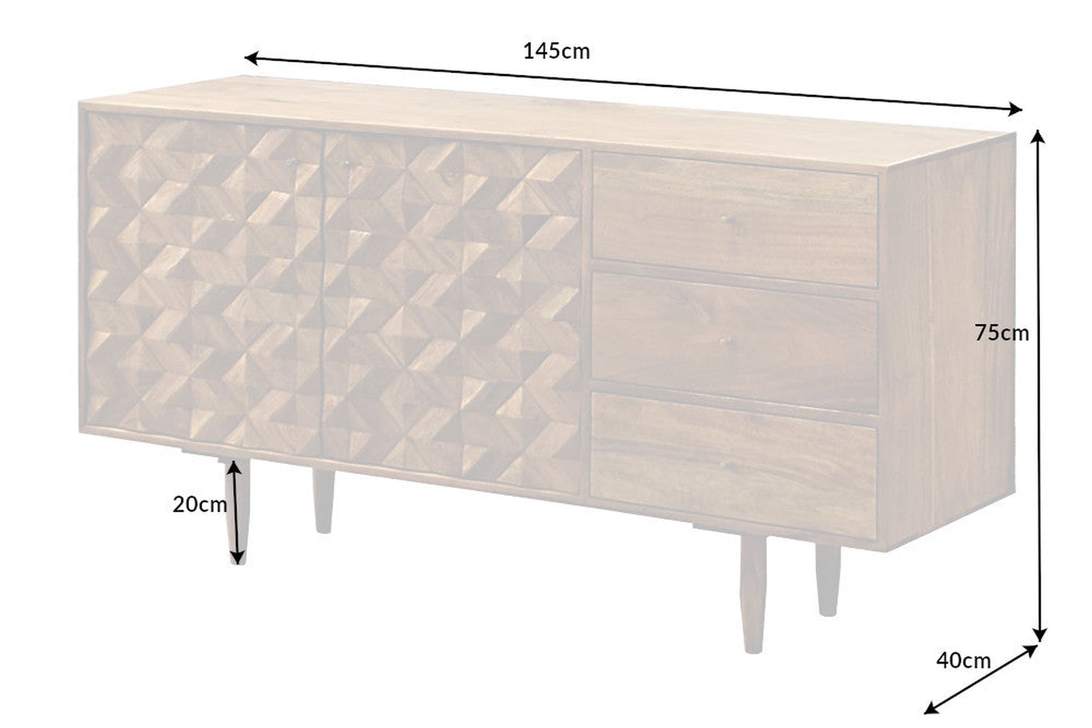 Buffet en bois d'acacia métal 145 cm avec tiroirs MALI Moebel, Anrichte, Kabinett, Kommode, Schublade