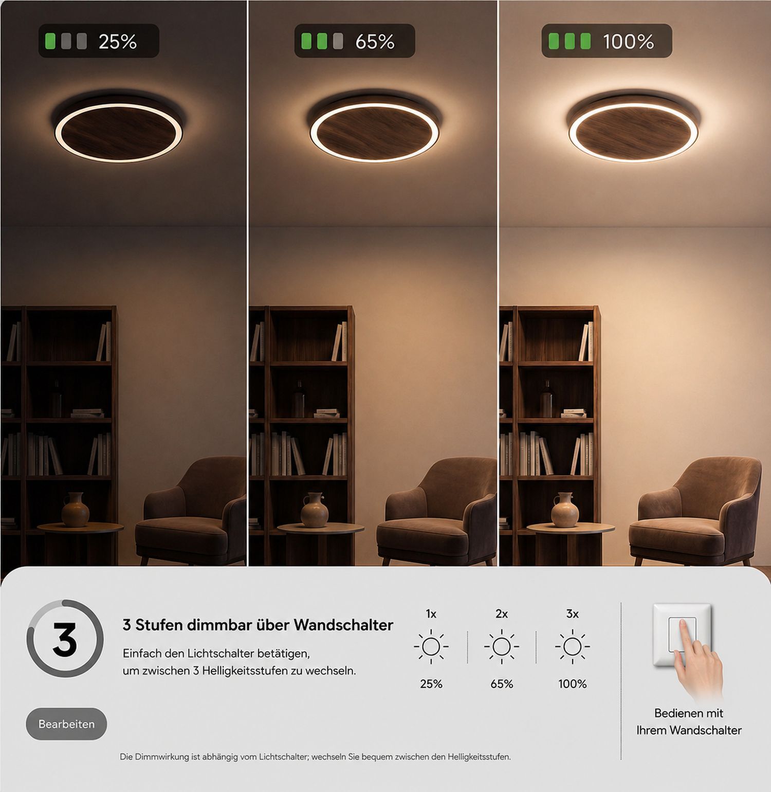 LED Deckenlampe Holz Ø50 cm 3500 K 3 Stufen dimmbar deckenlampe, runder lichtring, wandlampe, holzregal, wohnzimmer