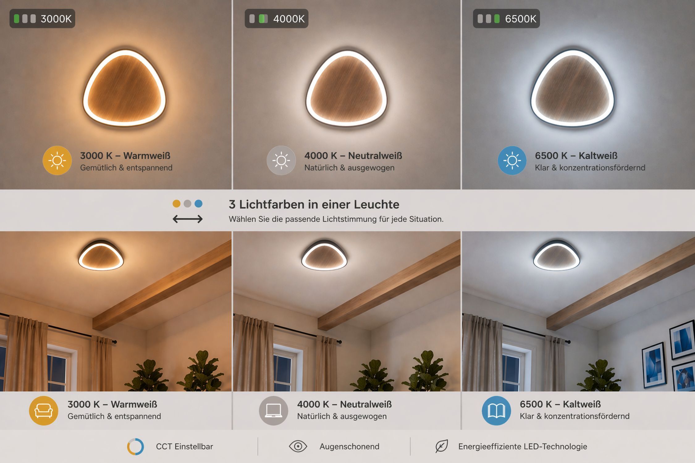 LED Deckenlampe Holz Alu dimmbar 60 W 3000/4000/6500K wandlampe, leuchte, deckenleuchte, rund, helligkeitsregler