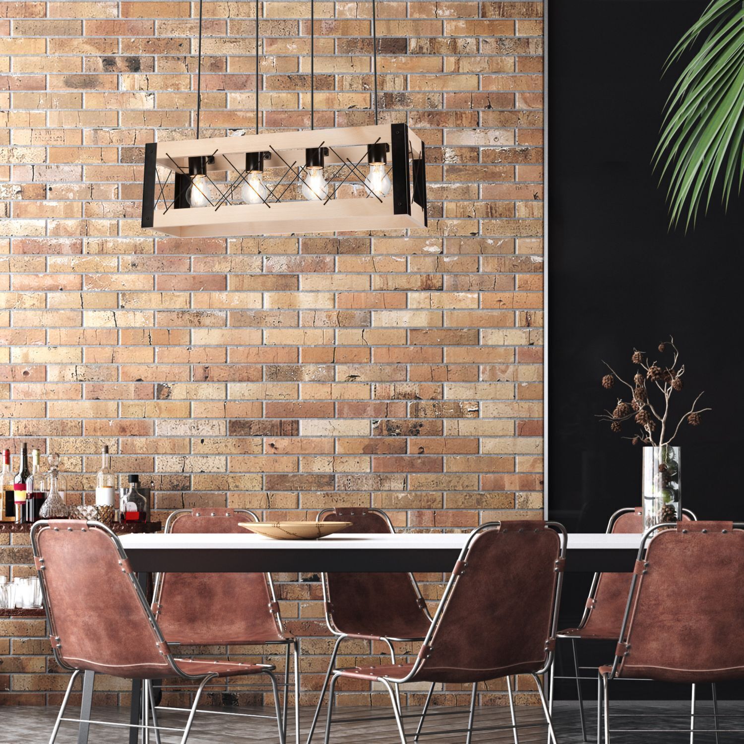 Hängeleuchte Holz Metall 4x E27 B: 63 cm Schwarz Natur Rustikal Innenarchitektur, Esszimmer, Esstisch, Backstein, Mauer