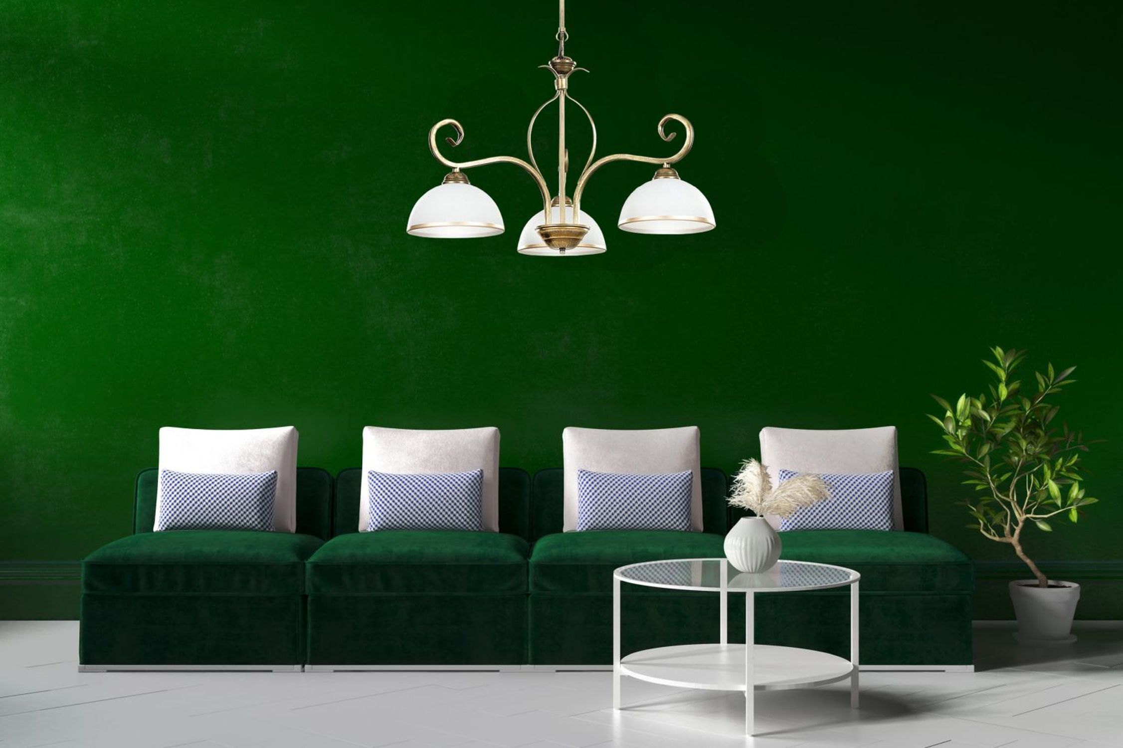 Deckenleuchte Gold Antik Weiß Glasschirm 3-flammig Couch, Kissen, Dekoration für Zuhause, Wohnzimmer, Innenarchitektur