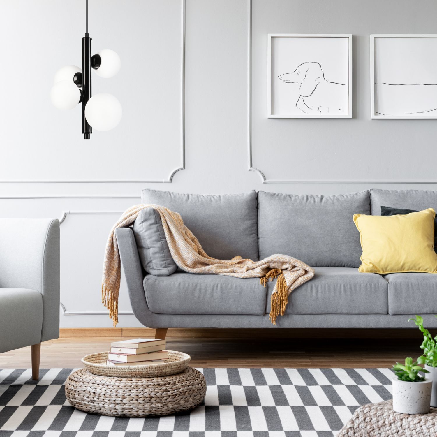 Hängeleuchte Schwarz Weiß Kugelschirme 4x E27 Glas Metall Dekoration für Zuhause, Couch, Mobiliar, Kissen, Lampe