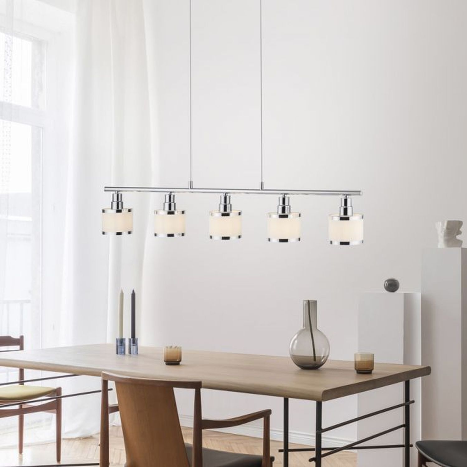 Lange Pendelleuchte Metall Chrom 5-flammig E14 90 cm Lampe, Mobiliar, Tabelle, Esstisch, Innenarchitektur