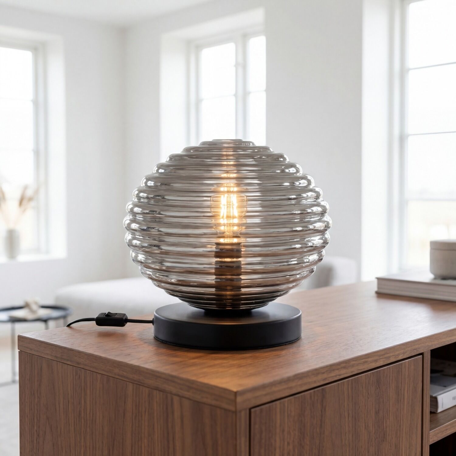 Tischleuchte Rauchglas Metall Schwarz E27 28 cm Ø32 cm