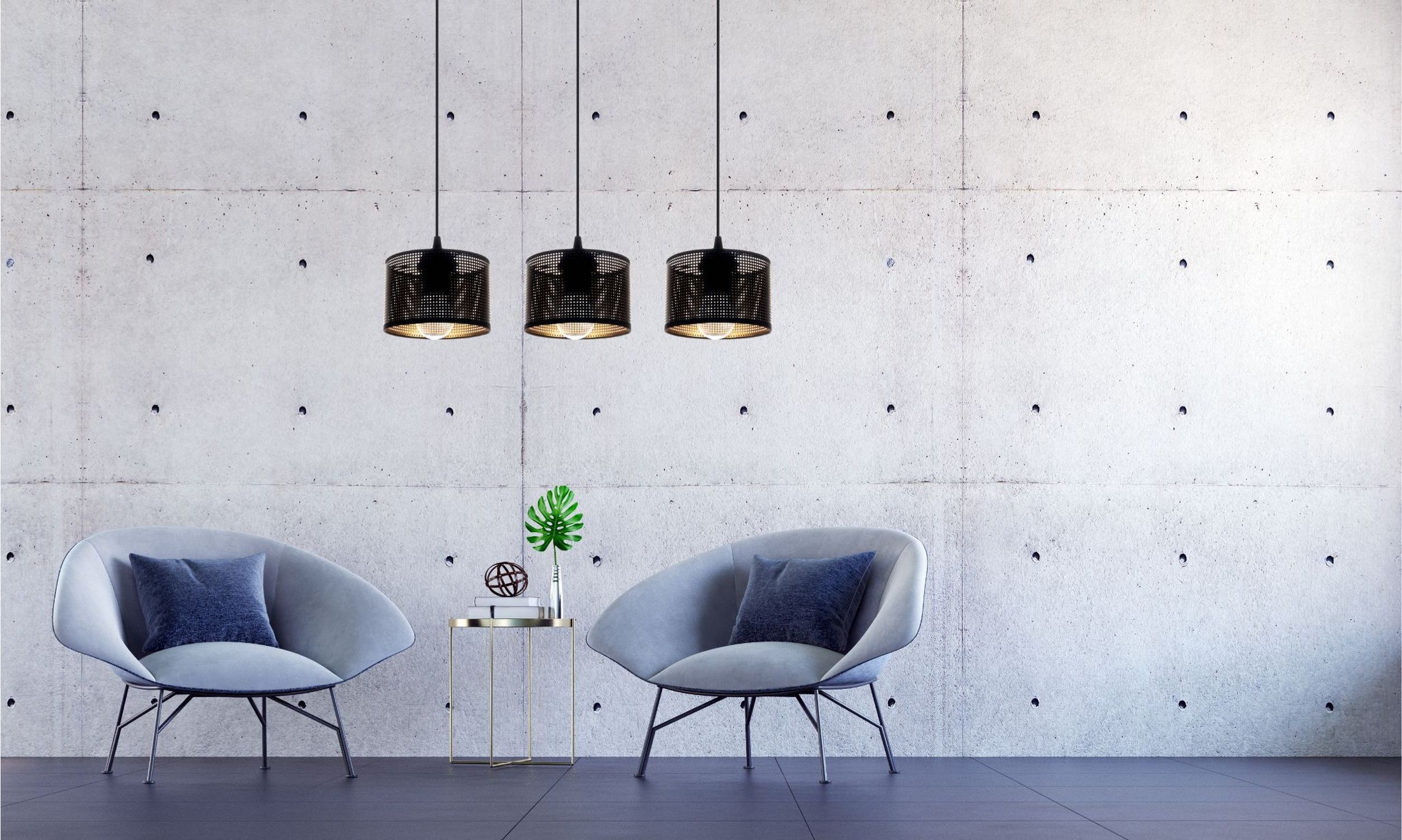 Wohnzimmer, Sessel, Beistelltisch, Hängelampe, Betonwand