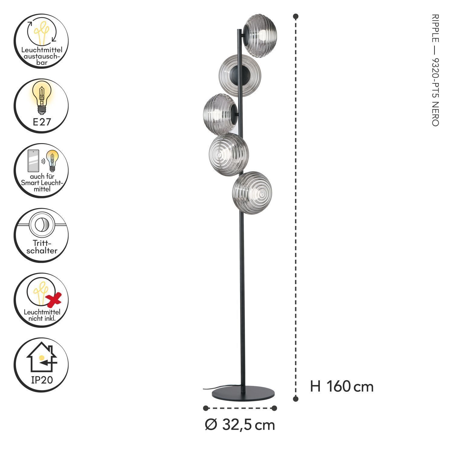 Stehleuchte, Kugelleuchten, Metall, Schwarz, IP20