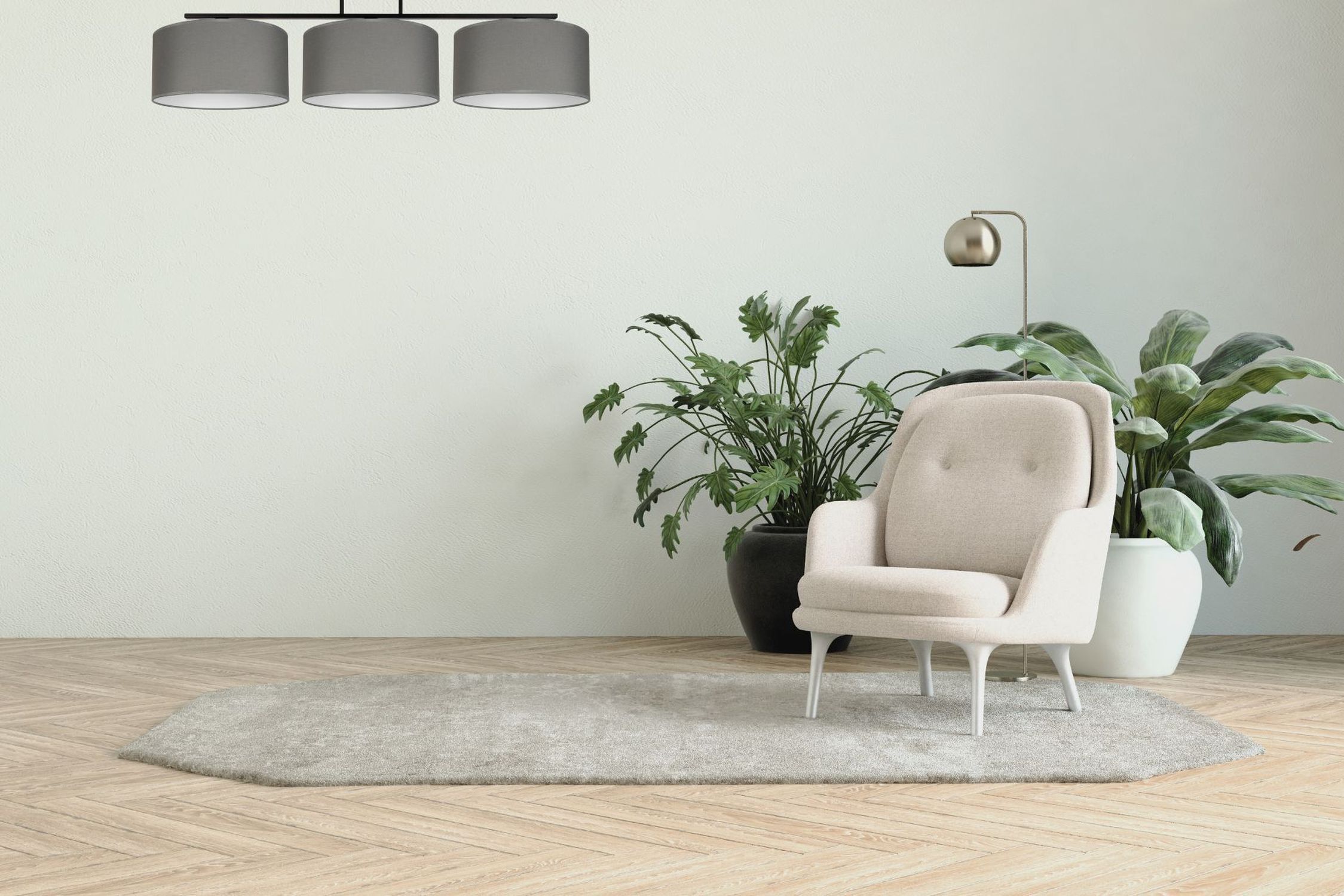 Gemütliche Deckenlampe Stoff Graphit Weiß E27 3-flammig Armchair, Sessel, Beige, Polsterstuhl, Teppich