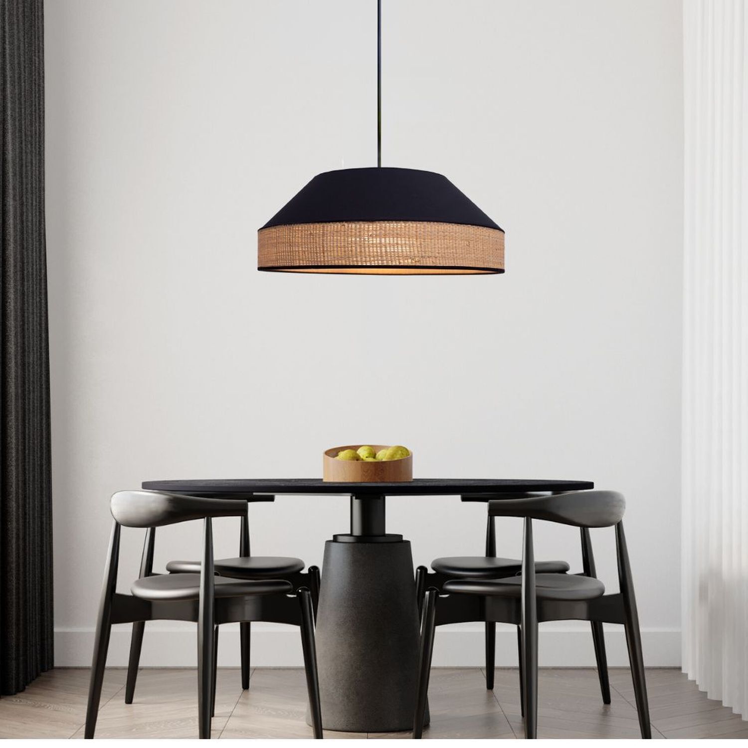 Runde Hängelampe Stoff Rattan Schwarz Natur E27 Ø45 cm Speisesaal, Esstisch, Mobiliar, Tabelle, Lampe