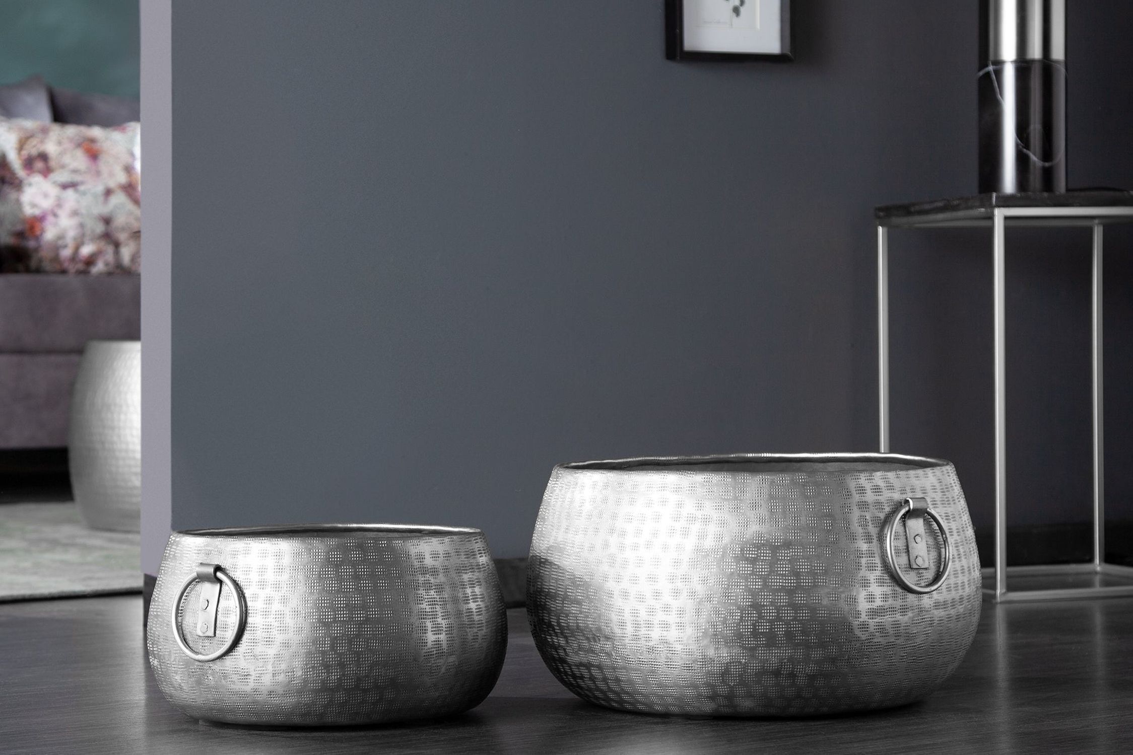 Cache-pot 2 pièces en métal martelé à la main en argent Kochgeschirr, Topf, Schüssel, Kochtopf, Innenarchitektur