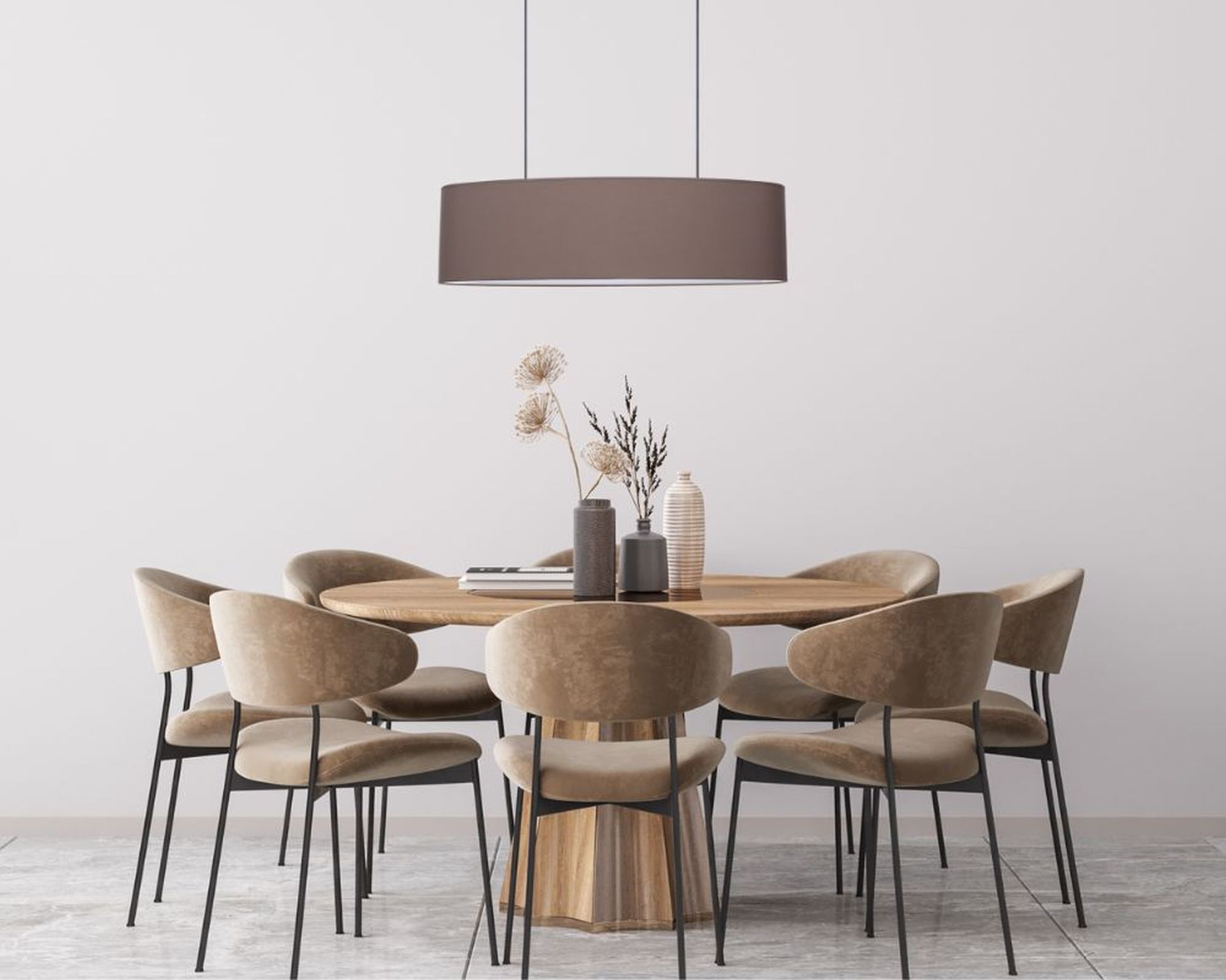 Esstisch, runder Tisch, Holztisch, Beige Stühle, Pendelleuchte