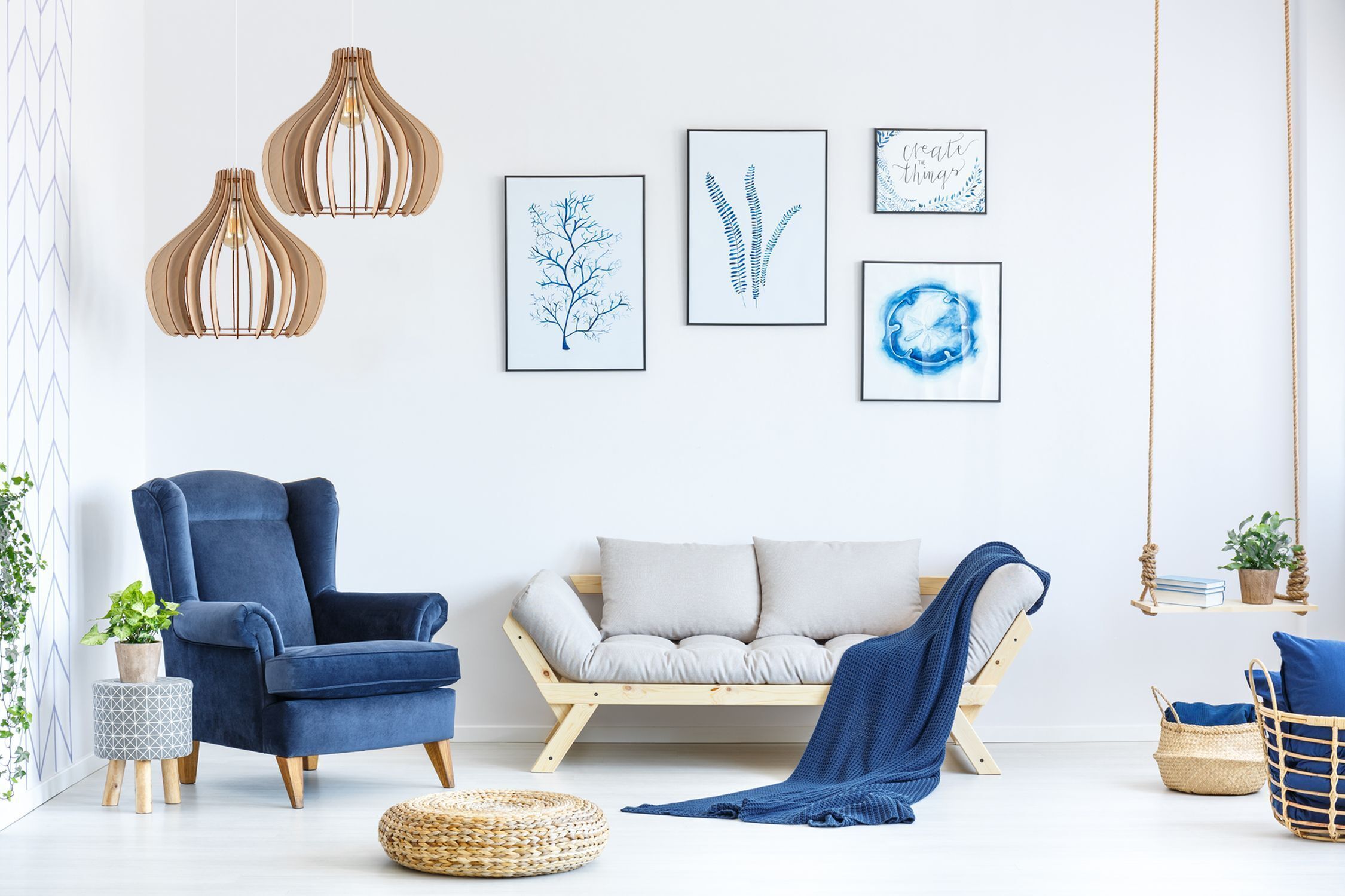 Pendelleuchte Holz Metall Weiß E27 Ø40 cm gemütlich Dekoration für Zuhause, Pflanze, Mobiliar, Stuhl, Wohnzimmer