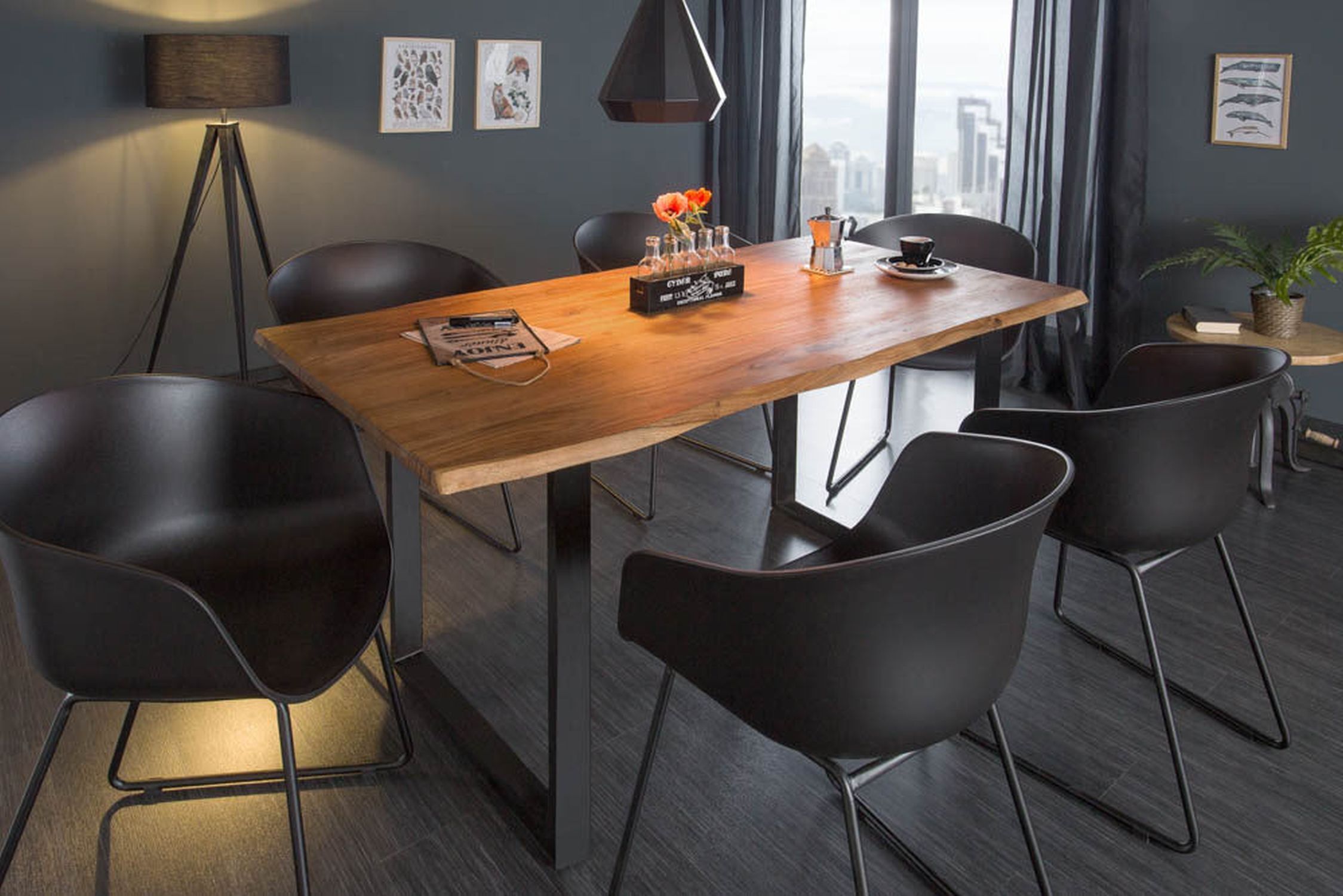 Esstisch Akazienholz Metall Baumkante 160 x 90 cm Moebel, Tabelle, Tischplatte, Stuhl, Drinnen
