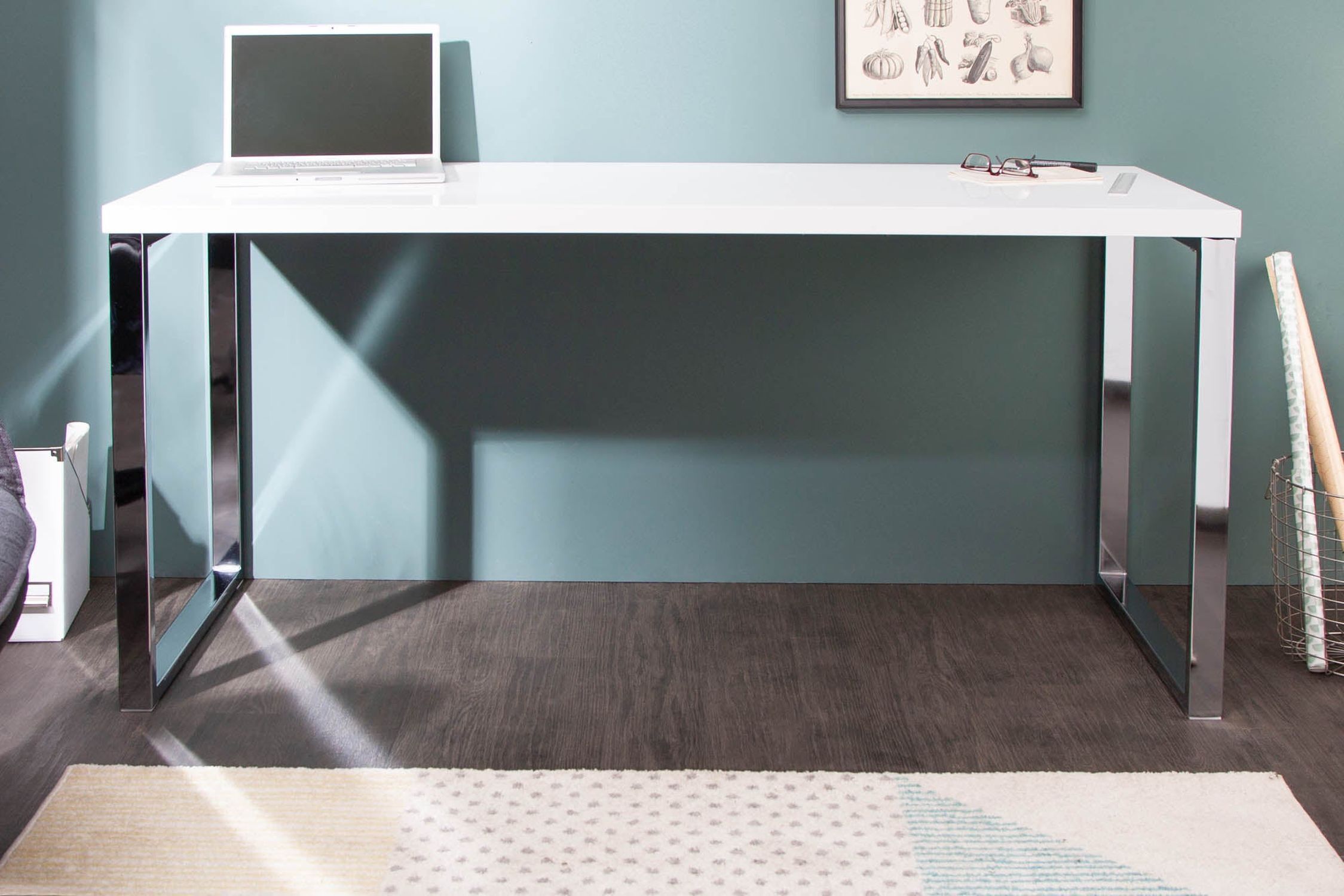 Bureau blanc brillant chromé 160 x 75 cm