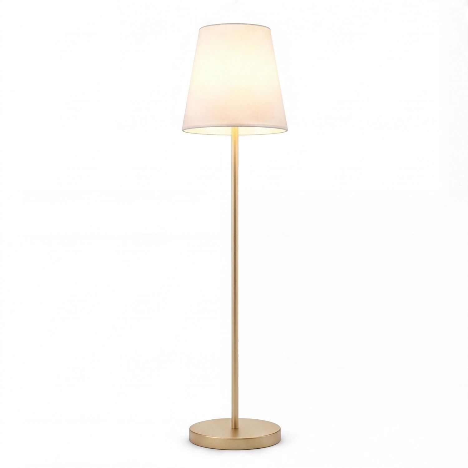 Tischlampe, Stehlampe, Goldfarben, Stoffschirm, Rundfuß