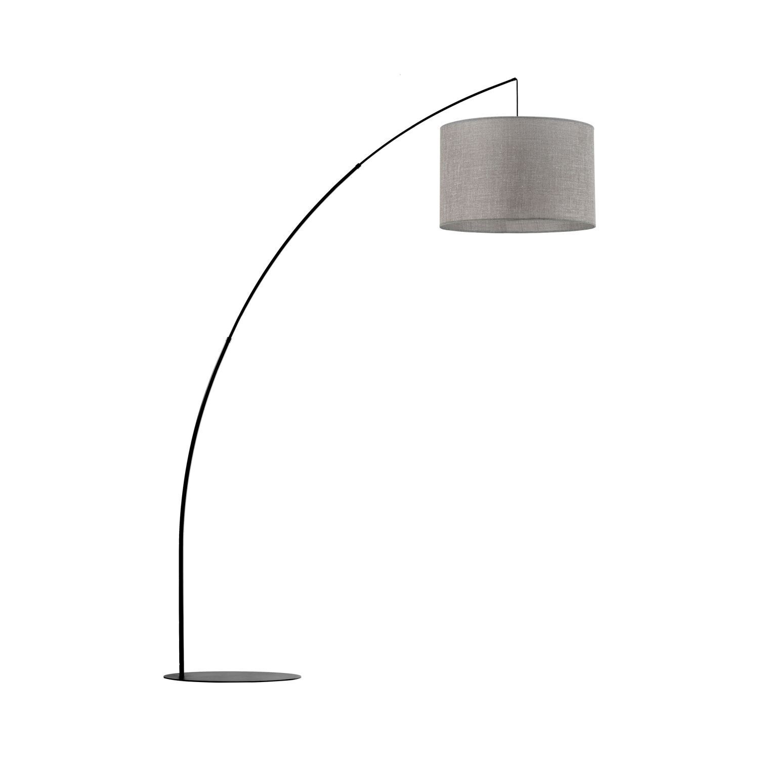 arc-Stehlampe, gekrümmte Lampe, Metallrahmen, Stoffschirm, neutrales Grau