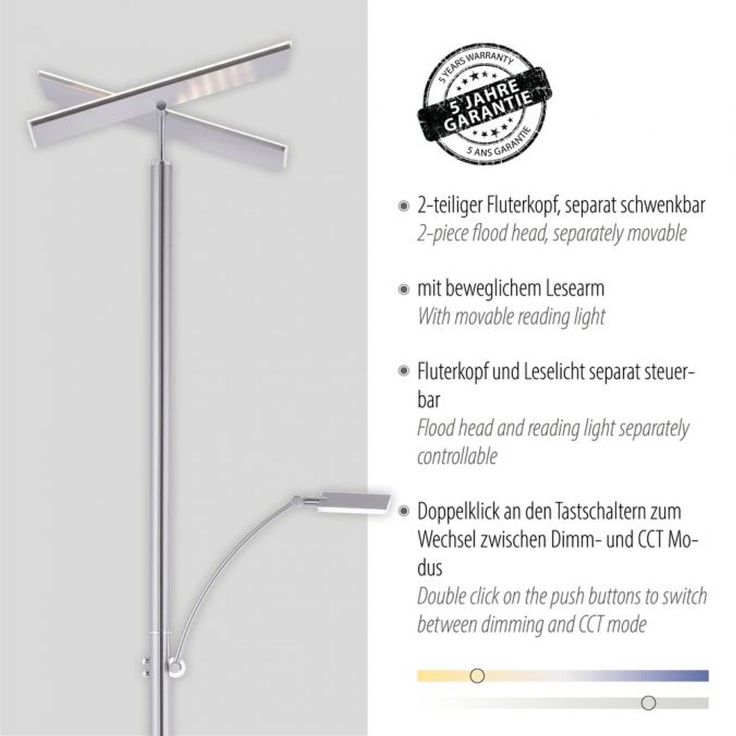 LED Stehlampe dimmbar Leselicht in Stahl Glas 199 cm Drinnen, Badezimmer, Zimmer