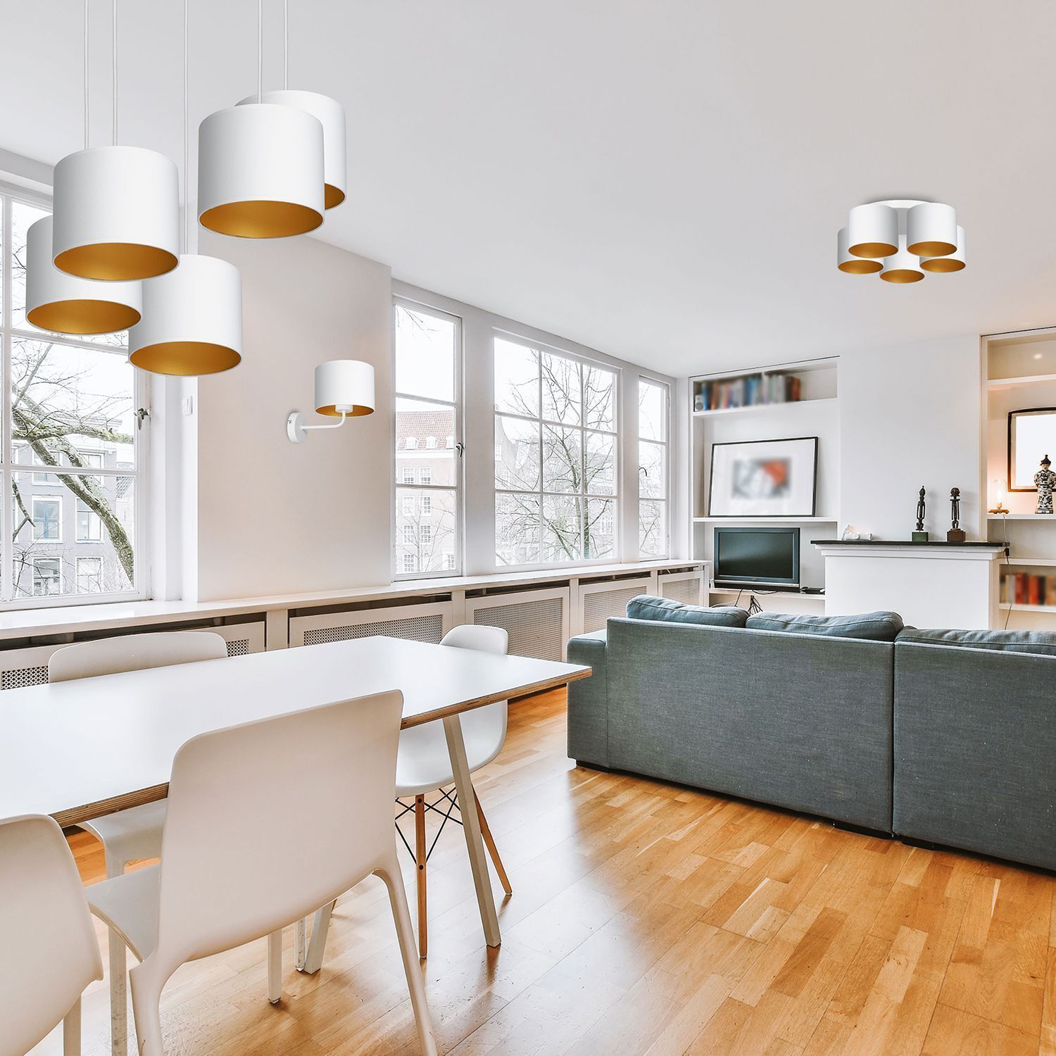 Blendarme Lampe à suspendre Blanc Or Tissu Métal L:58 cm Speisesaal, Esstisch, Tisch, Innenarchitektur, Inneneinrichtung