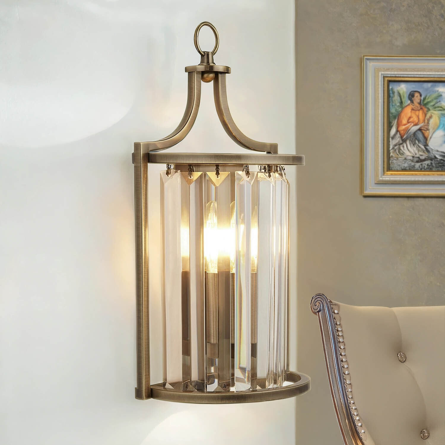 Art Déco Wandleuchte Kristall E14 H: 35 cm in Messing antik Lampe