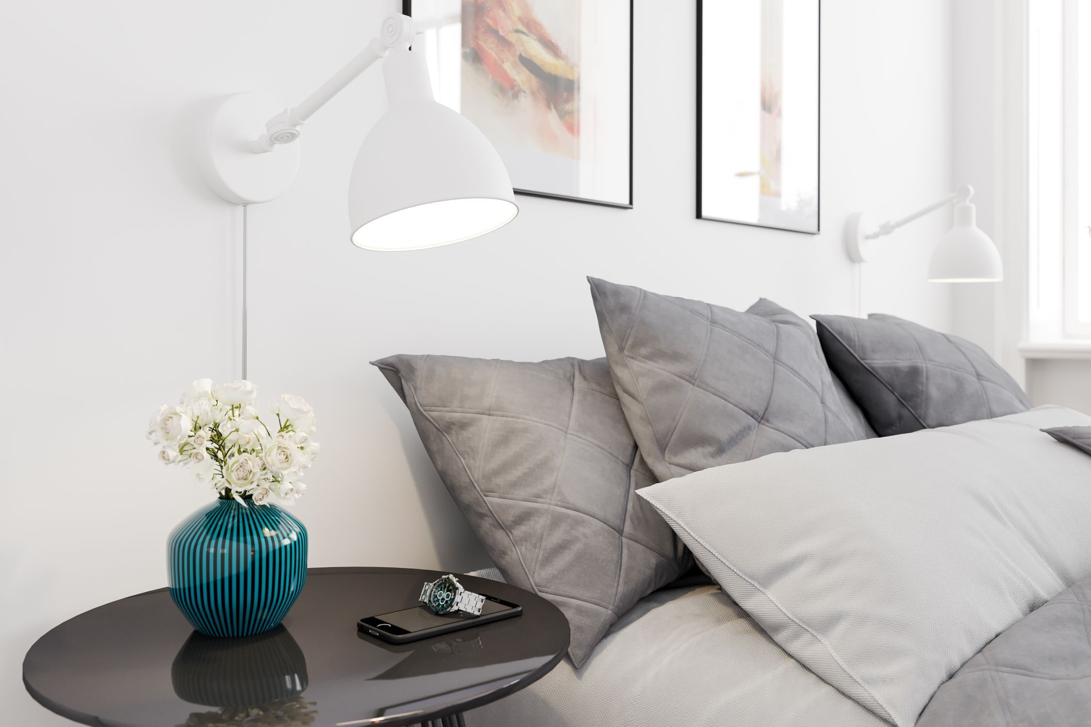 bettzimmer, nachtisch, lampe, kissen, vase