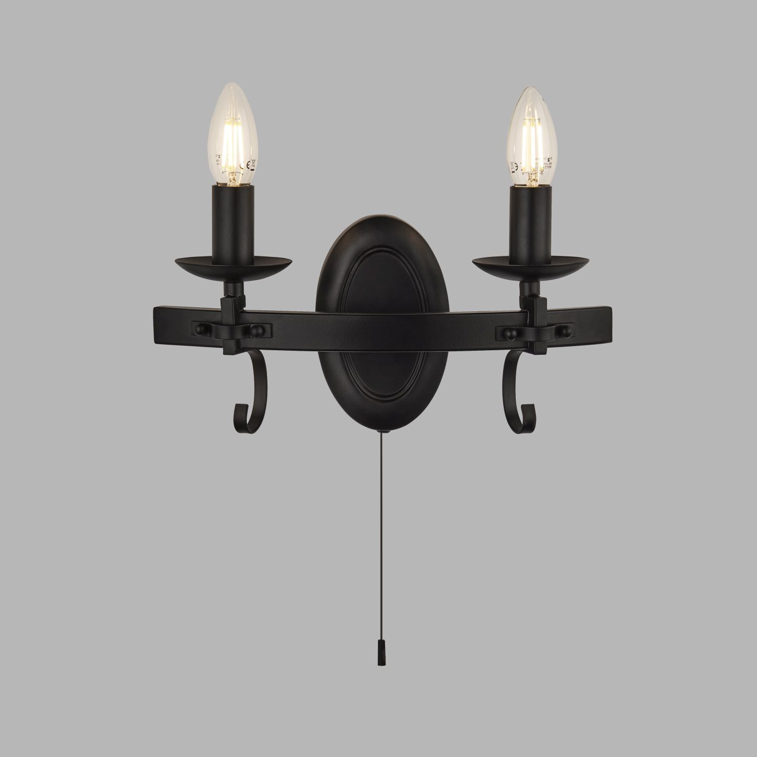 Wandlampe Eisen mit Schalter 2-flammig Schwarz E14 B: 32 cm